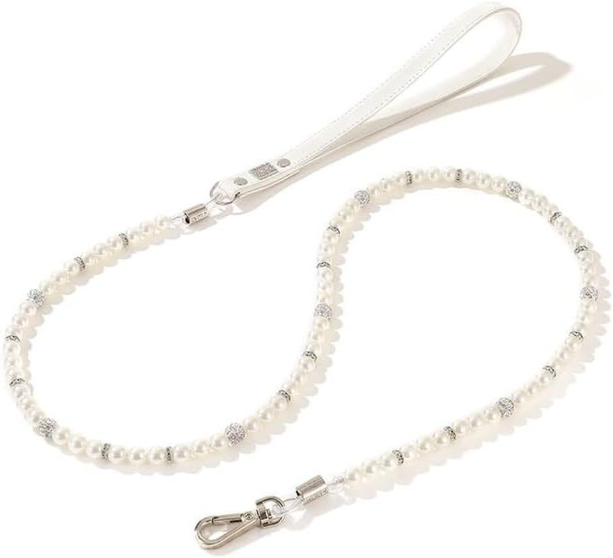 2 Pieces Dog Artificial Pearl Collars Leash Set 2 Rows Pet Imitated Pearl Necklace and Imitated Pearl Wire with Crystal Rhinestone Cat Imitated Pearl Neck Strap for Pet (White, M) image number 5