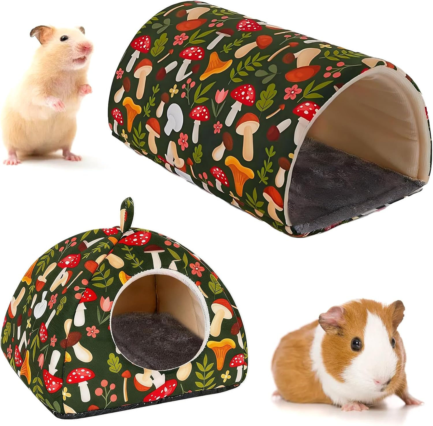 2 Pieces Guinea Pig House and Tunnel Hideout Soft Plush Semi-Enclosed Rabbit Bed House with Thick Washable Pad Winter Small Pet Hideaway Cage Accessories for Ferrets Hamsters Hedgehog Dwarf (Set 2) image number 1
