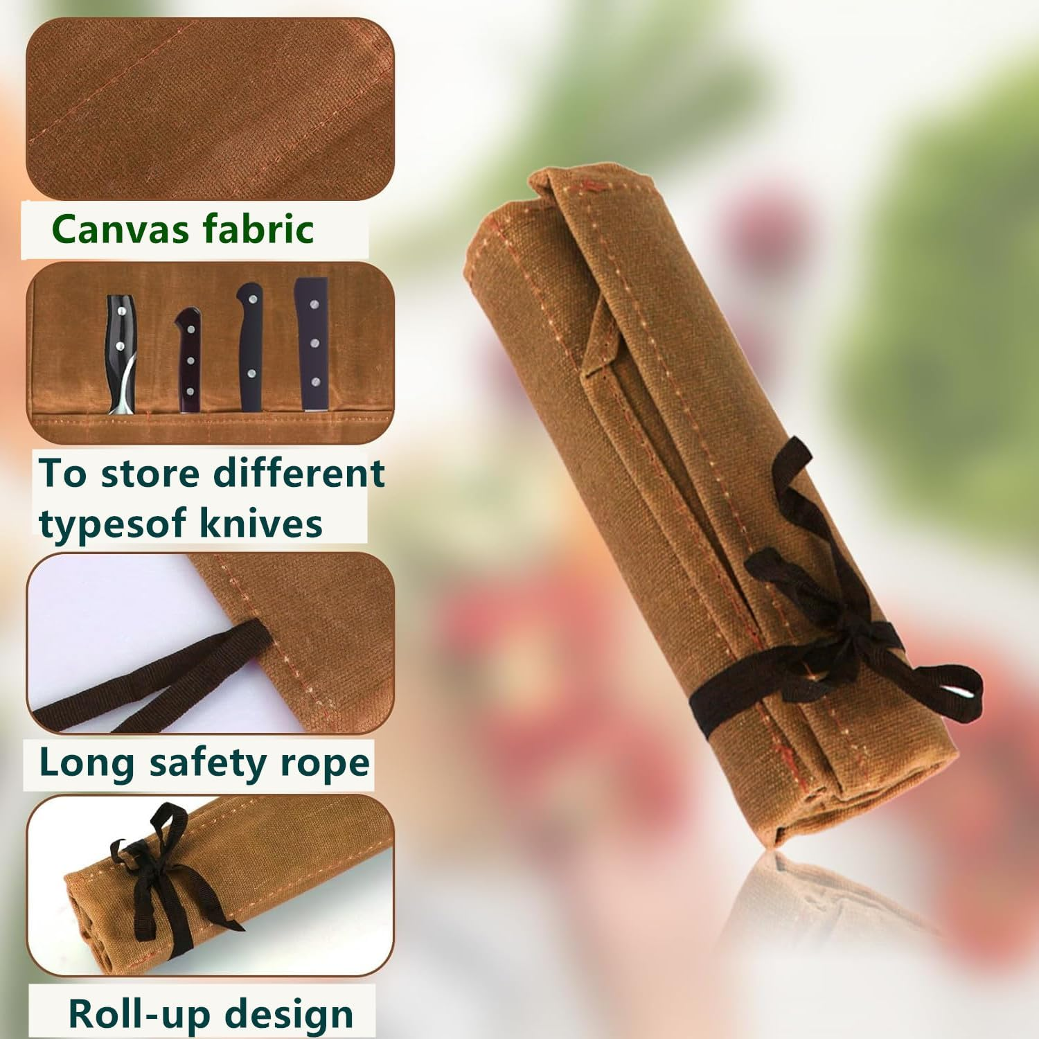 Chefs Knife Roll Bag, Portable Chef Knife Bag with 7 Slots Canvas Knives Pouch, Home Kitchen Outdoor Camping Tools (Brown) image number 1
