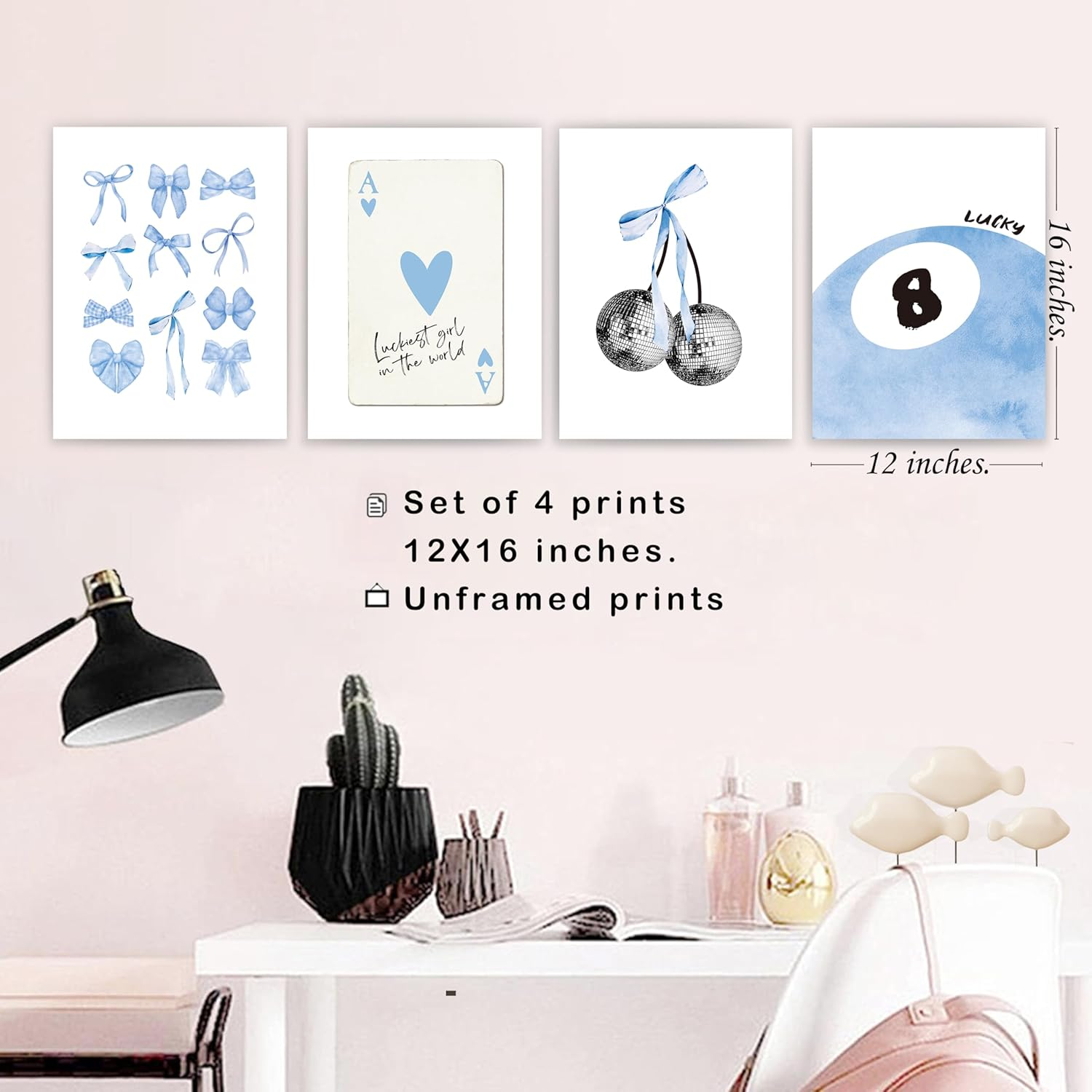 Okaxscm Light Blue Coquette Trendy Preppy Wall Art Prints Set of 4,Coquette Preppy Room Decor,Blue Bow Disco 8 Ball Cherry Wall Decor Posters for Girls Bedroom Dorm,12X16 Unframed image number 2