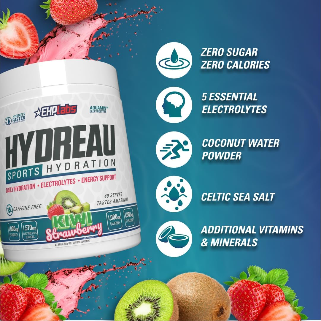 EHP Labs Hydreau Electrolytes Powder No Sugar - Hydration for Endurance & Energy - Electrolyte Powder for Men & Women - Sugar Free Electrolytes - (Kiwi Strawberry, 40 Serves) image number 5