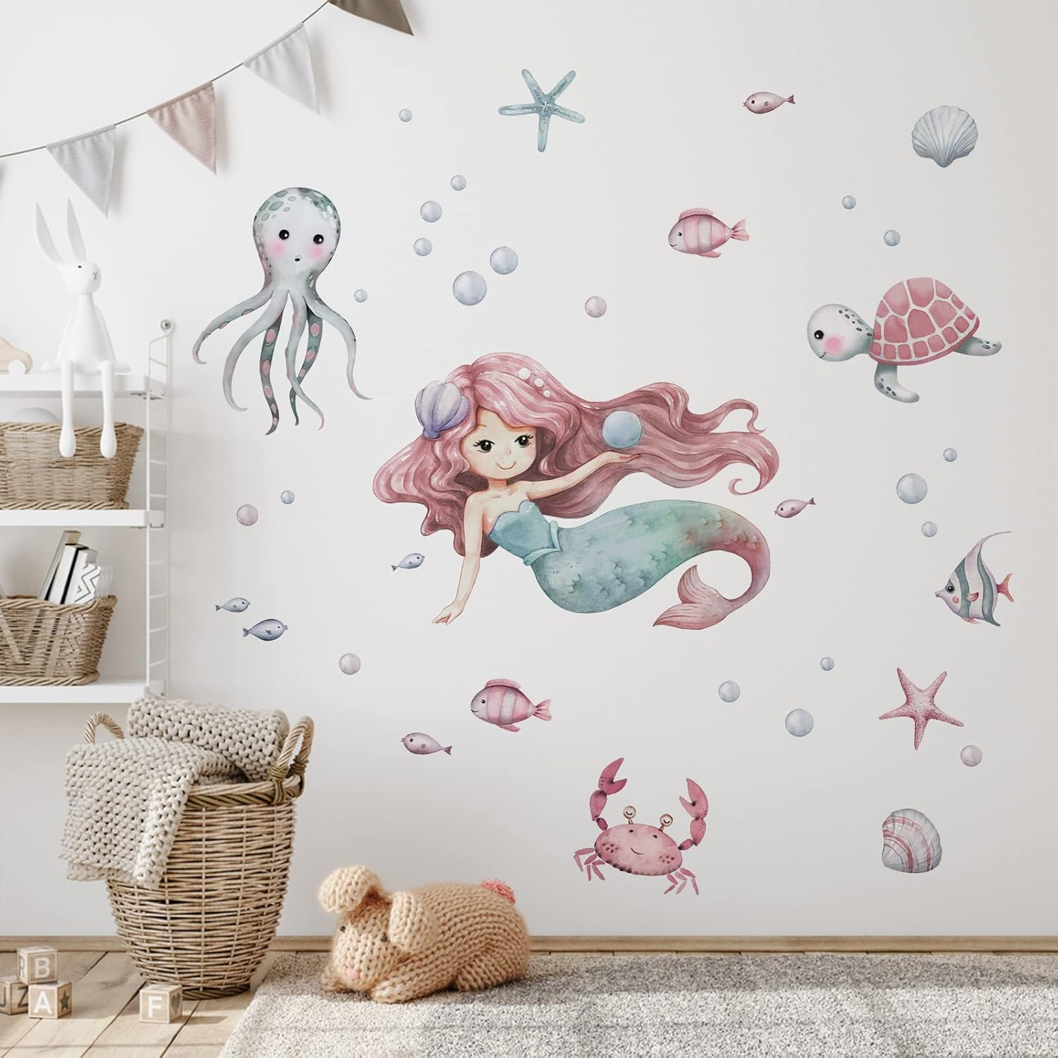 Mfault Mermaid under the Sea Wall Decals Stickers, Baby Girls Ocean Creatures Nursery Decoration Bedroom Playroom Art, Coastal Beach Octopus Turtles Shell Bubble Fish Kids Room Bathroom Home Decor image number 6