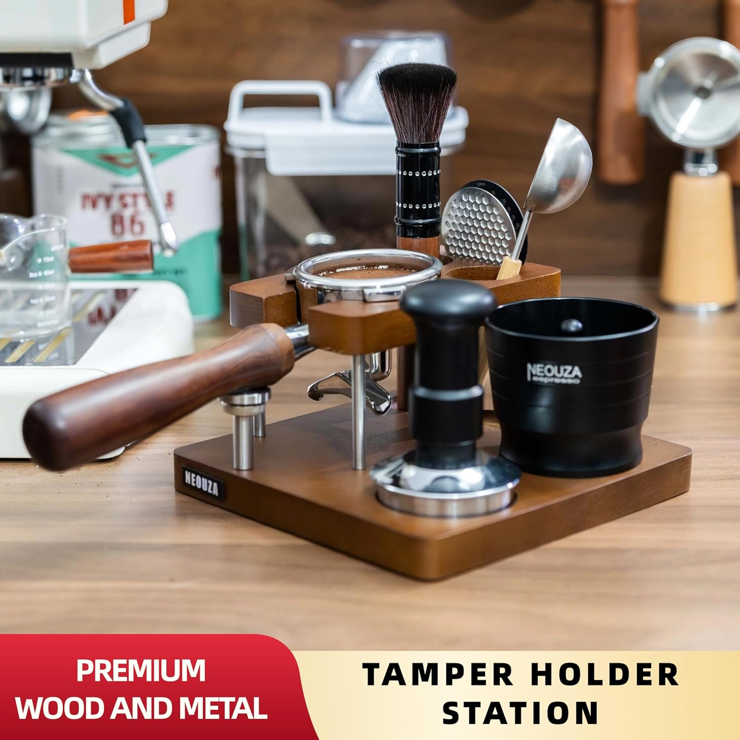 NEOUZA Espresso Tamper Organizer Station for 51/53/58Mm Tamper Distributor Portafilter, Wood Taming Station,Portafilter Holder, Tamping Mat (58Mm) image number 6