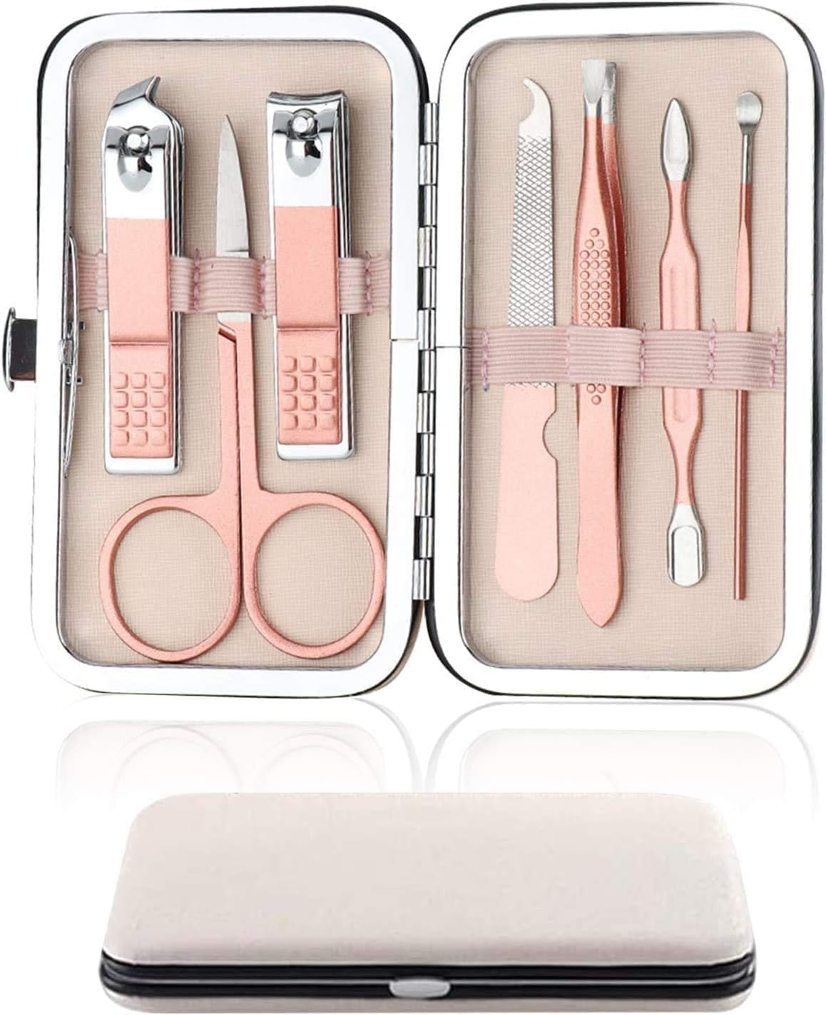 7 Piece Manicure Set, Nail Clipper Set, Manicure Pedicure Kit Stainless Steel Eyebrow Trimmer, Tweezers, Nail File, Cuticle Pusher, Nail Clippers in Pink PU Leather Case - Travel Kit & Home Use image number 1