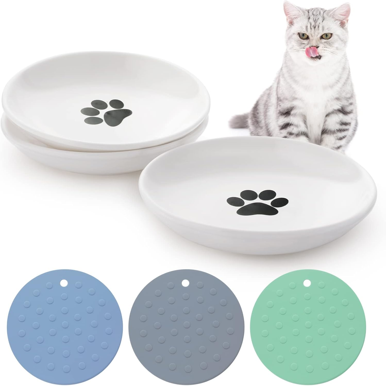 Dorakitten Ceramic Cat Food Plates for Wet Food, Wide Bowls to Stress Relief of Whisker Fatigue Cat Dishes, Shallow Bowls for Kittens and Small Animals with Non-Slip Mat