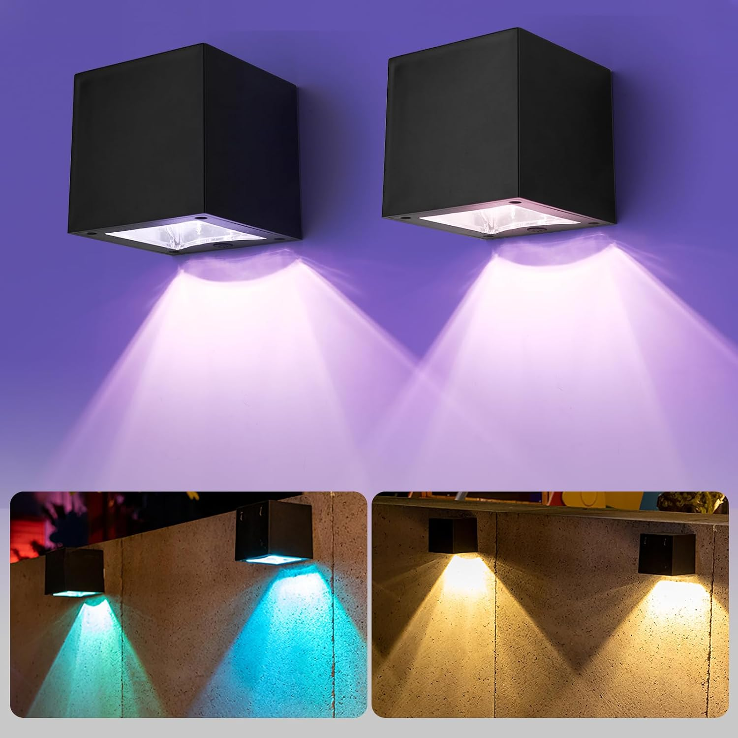 Solar Wall Light Outdoor Pack of 4 Solar Lights for Outdoor Garden with 2 Lighting Modes, IP65 Waterproof Wall Light, Solar Lights, Fence Light for Wall, Patio, Garden, Steps, Stairs, Fences