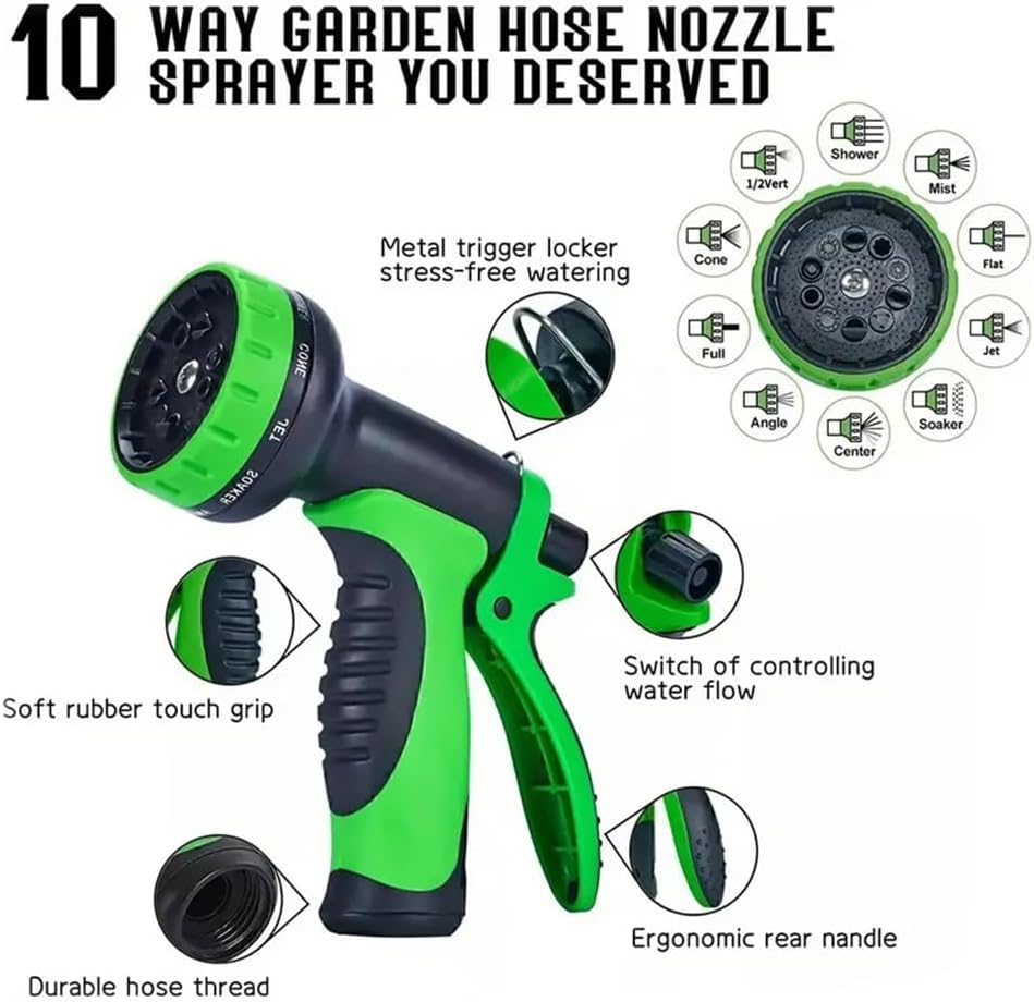 Garden Hose Car Washing Water Hose Flexible Water Hose 1/2&ldquo; Connector with 10 Patterns Spray Nozzle 50Ft