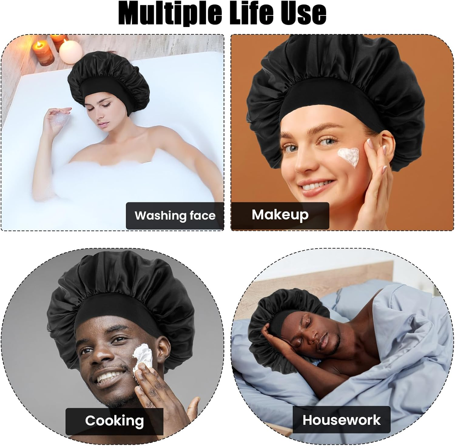 Wanmu Silk Bonnet with Wave Caps, Soft Satin Hair Bonnets & Compression Cap, Elastic Band Sleep Hat for Sleeping Men Women Natural Curly Hair (Black) image number 6