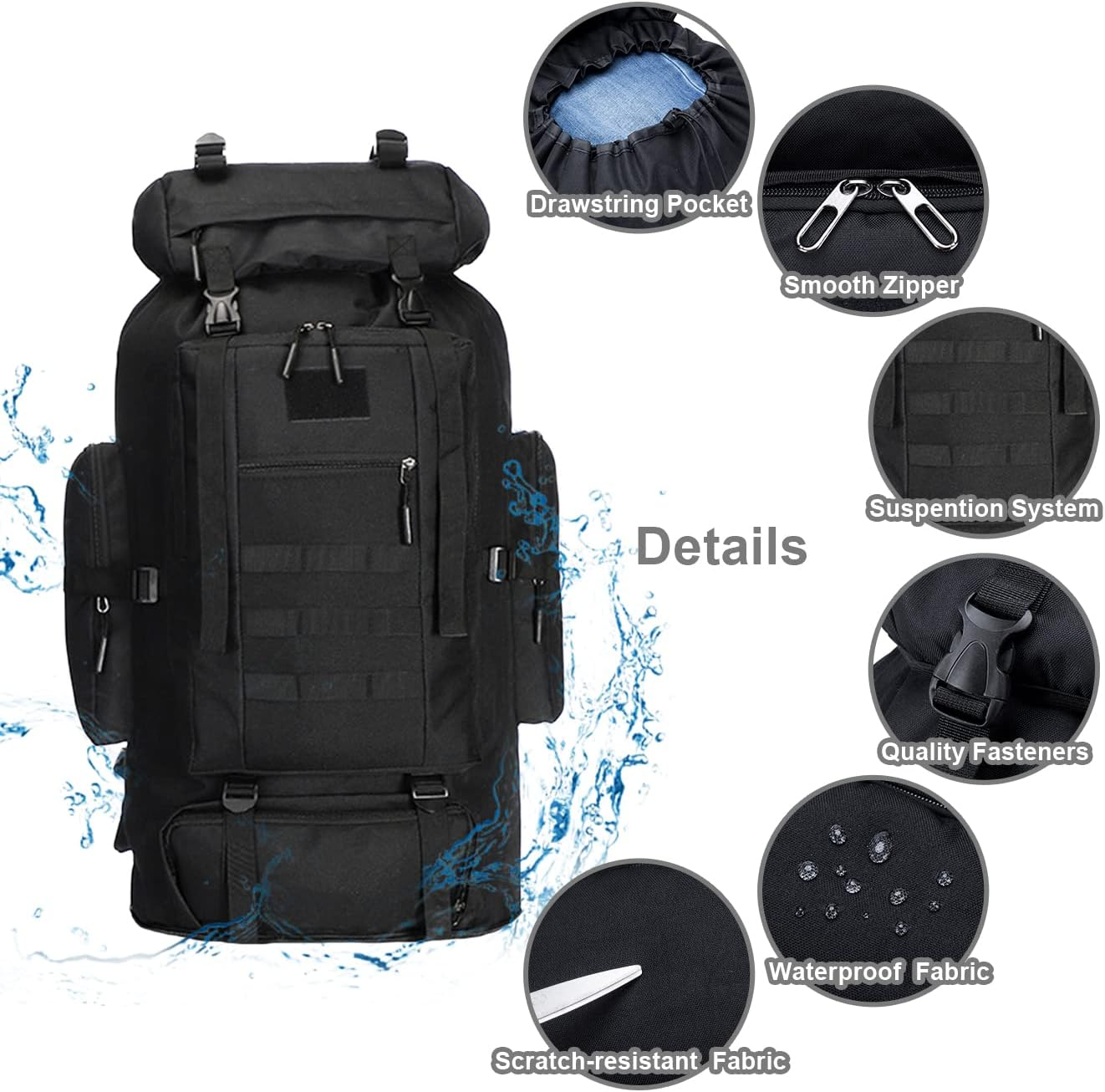 SUCIKORIO Tactical Backpack 100L Black Military Backpack Molle Assault Pack Army Outdoor Rucksack Great Capacity for Hiking, Camping,Trekking