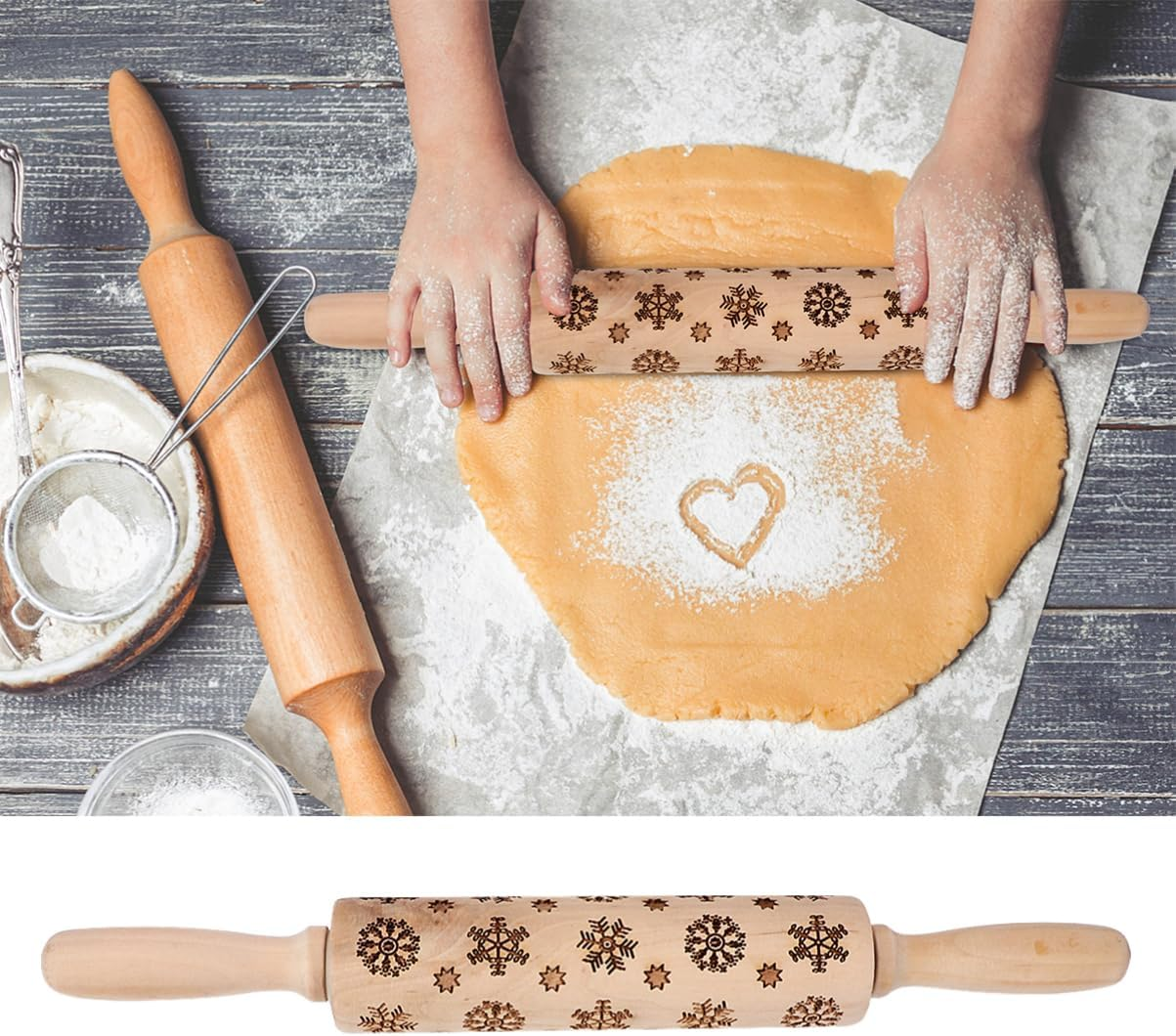 Snowflake Print Rolling Pin Wooden Embossed for Baking Christmas Tree Cookies Scenario image number 1