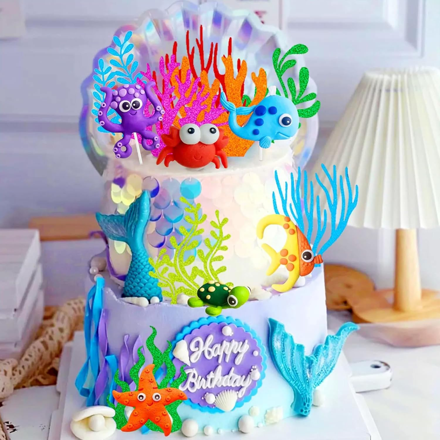 14 Pcs Ocean Theme Cake Decorating Kit; Kids Birthday Party Ideas Theme Cake Topper Accessories image number 1