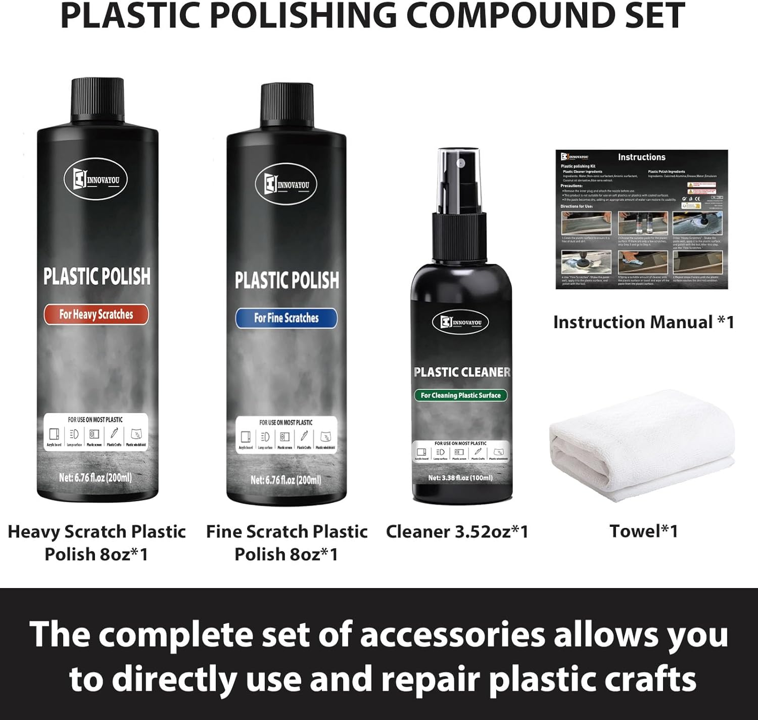 INNOVAYOU Plastic Polish Kit, Plastic Scratch Remover 14.1Oz and Cleaner 3.52Oz, Plastic Cleaner and Polish Removes Scratches & Scuffs, Ultra Fine Scratch Remover for Acrylic Surfaces image number 1