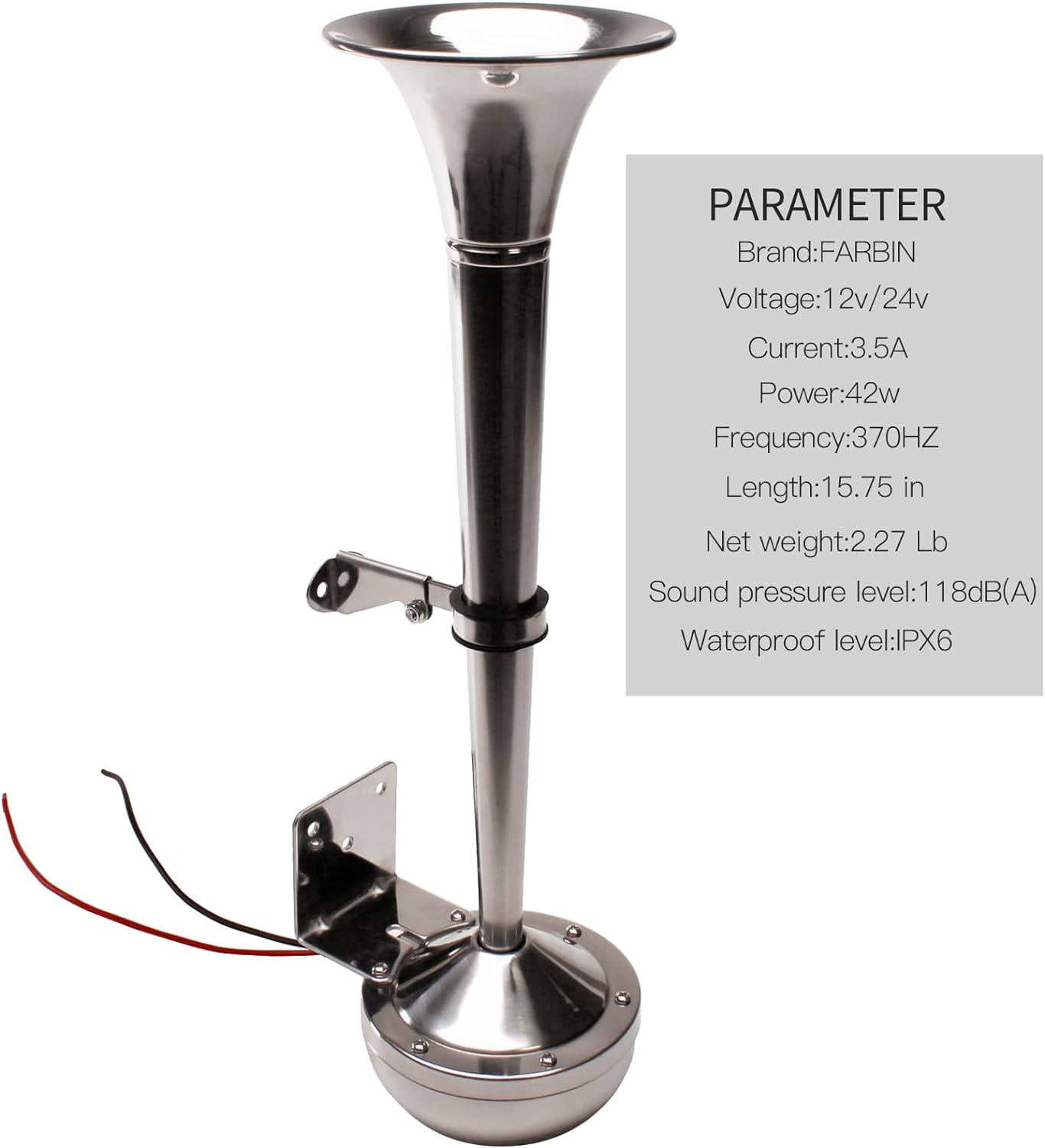 FARBIN 12V Marine Horn, Single Trumpet Stainless Steel Horn, Waterproof Electric Horn for Ships Boats Sailboats Yachts Trucks SUV RV Touring Car Etc. (Single Stainless Steel Short Pipe, 12V) image number 4