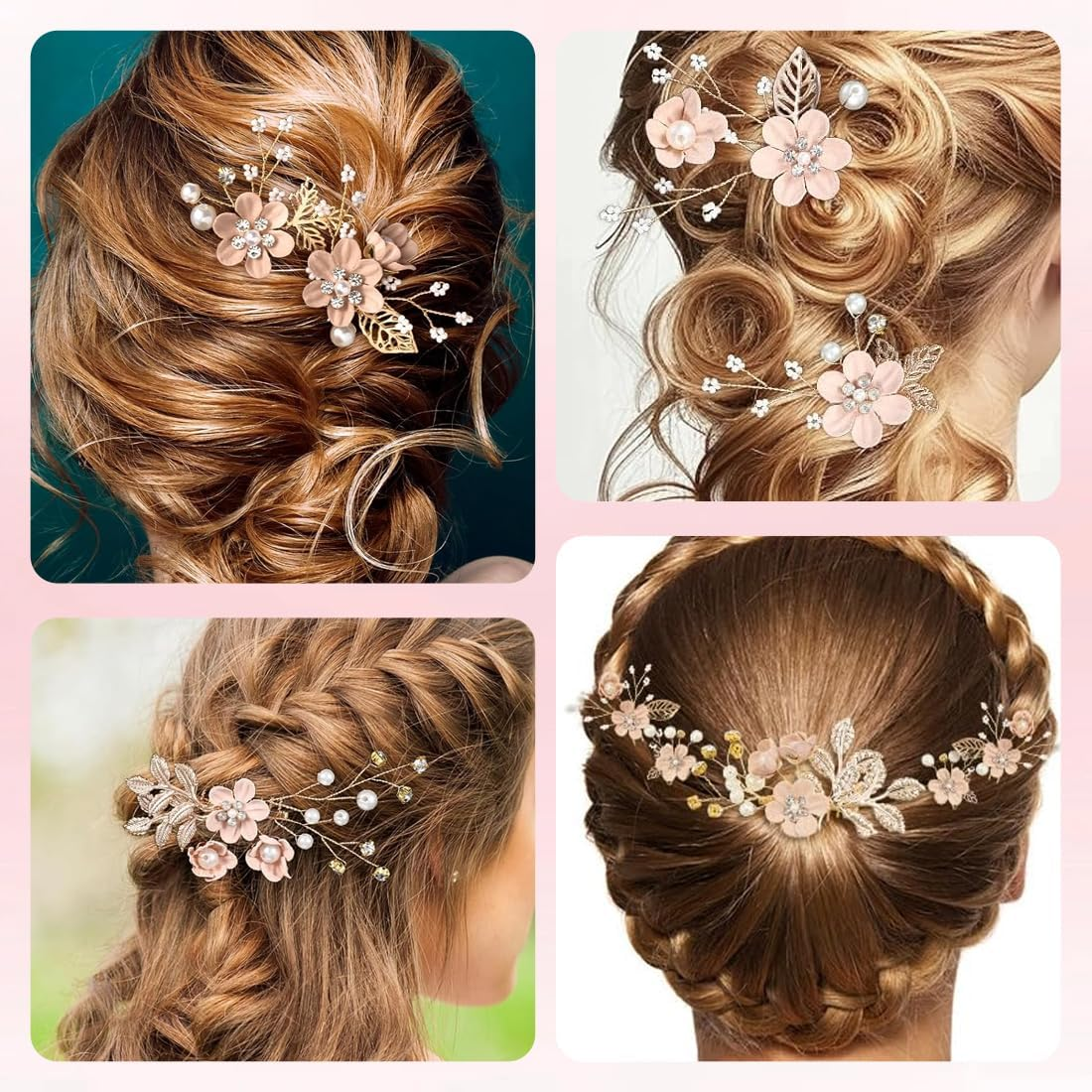SGERUFZ Pack of 4 Wedding Hair Combs Rhinestone Hairpin Crystal Accessories Beads Headpiece Updo for Women Girls Party Prom Bridesmaids Flower Girl (Pink Flowers) image number 1