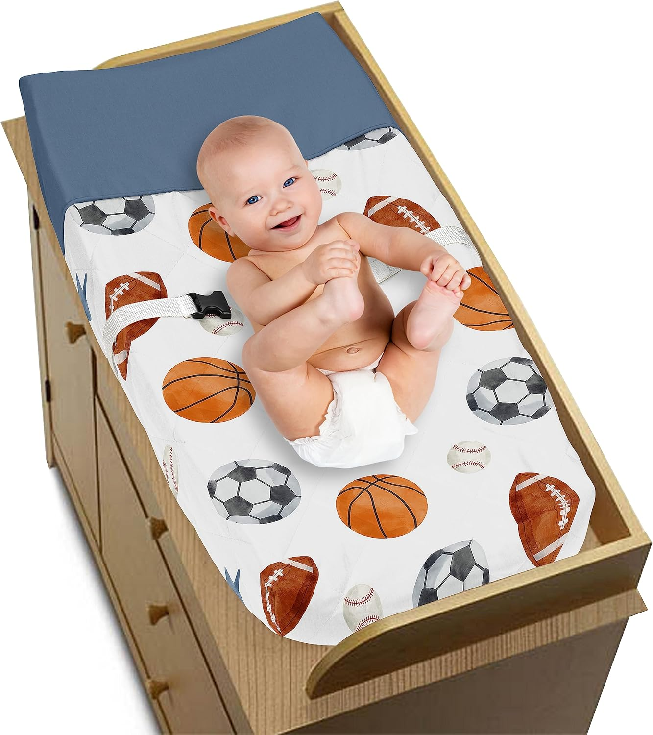 Sweet Jojo Designs Sports Theme Boy Baby Changing Pad Cover &ndash; Infant Newborn Diaper Table Change Mat Sheet - Watercolor Vintage Sport Themed Soccer Balls Football Baseball Basketball Blue Stars image number 1