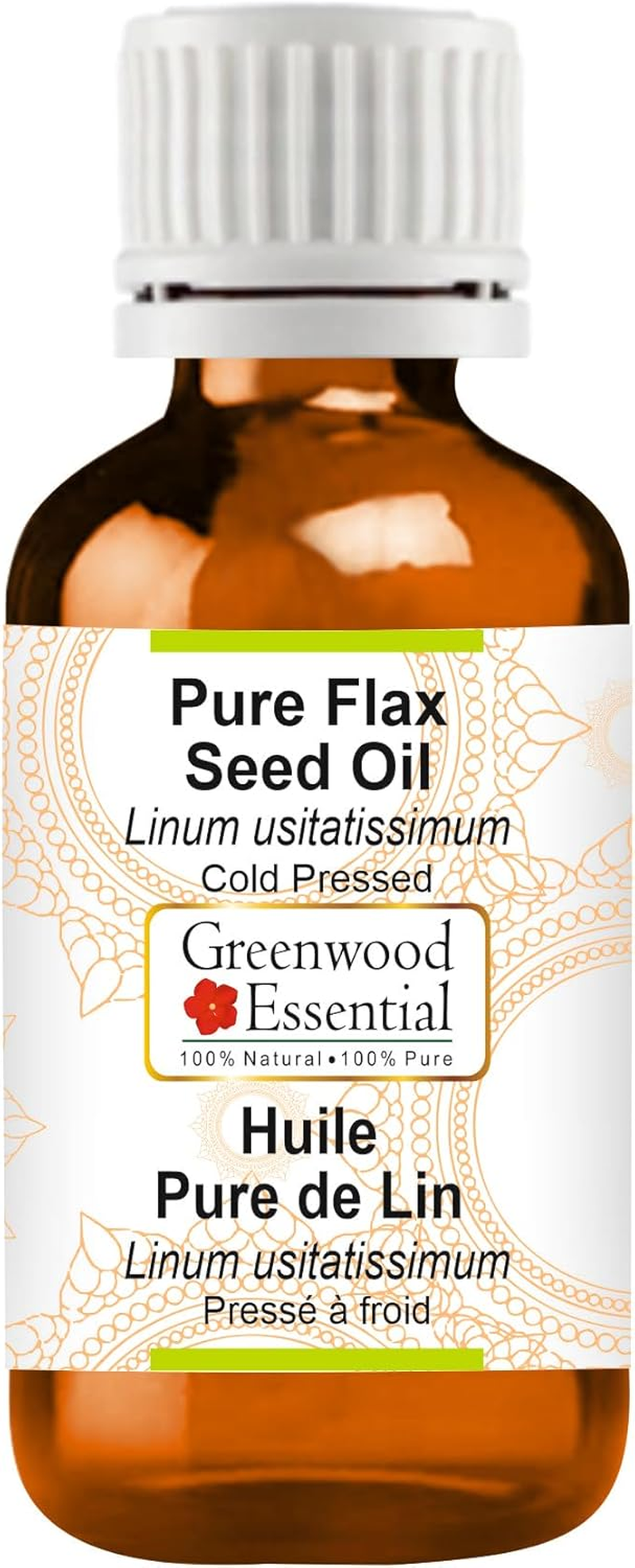 Greenwood Essential Pure Flax Seed Oil (Linum Usitatissimum) Cold Pressed 100Ml (3.38 Oz)
