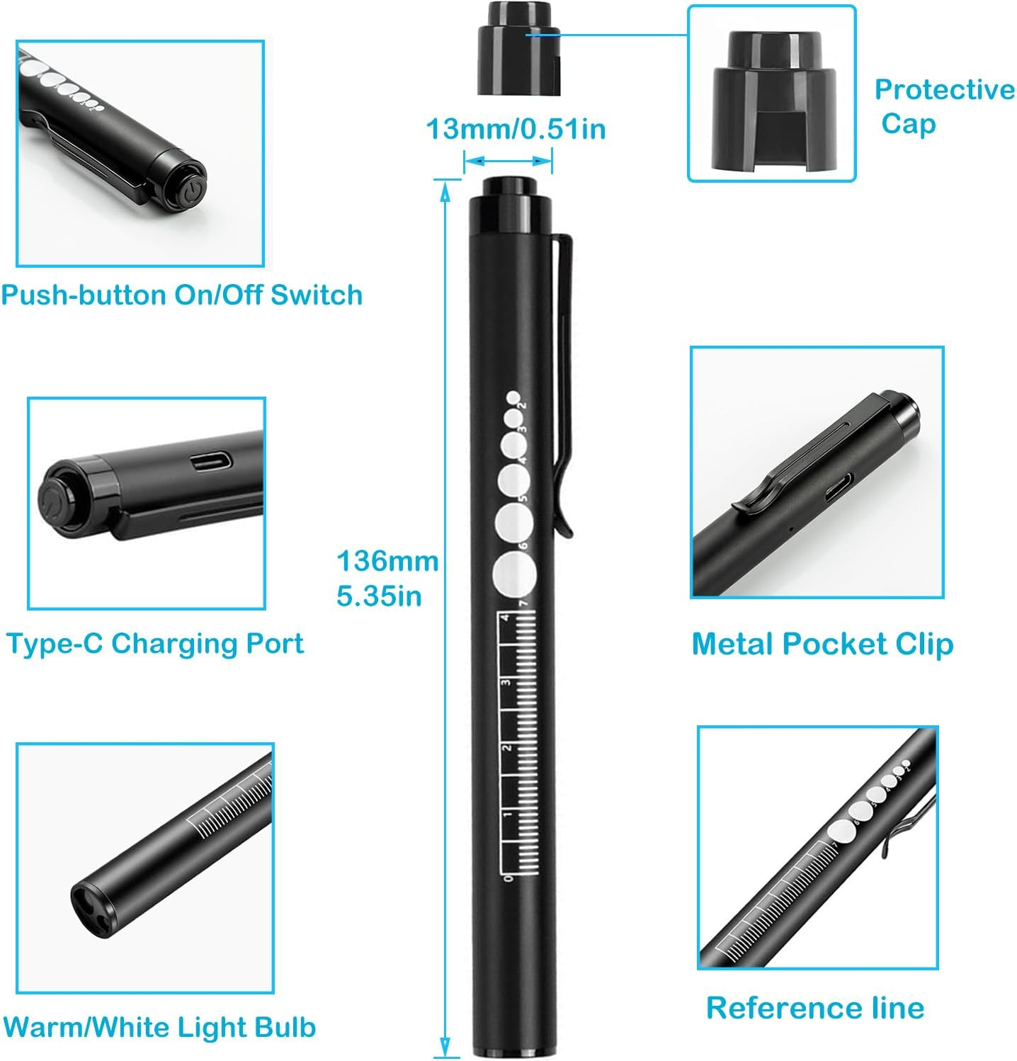 YUENTOEN Pen Light, LED Pupil Gauge Penlight with 2 Light LED Sources, USB Rechargeable Mini Penlight for Home Camping Outdoor and Emergency (Black) image number 4