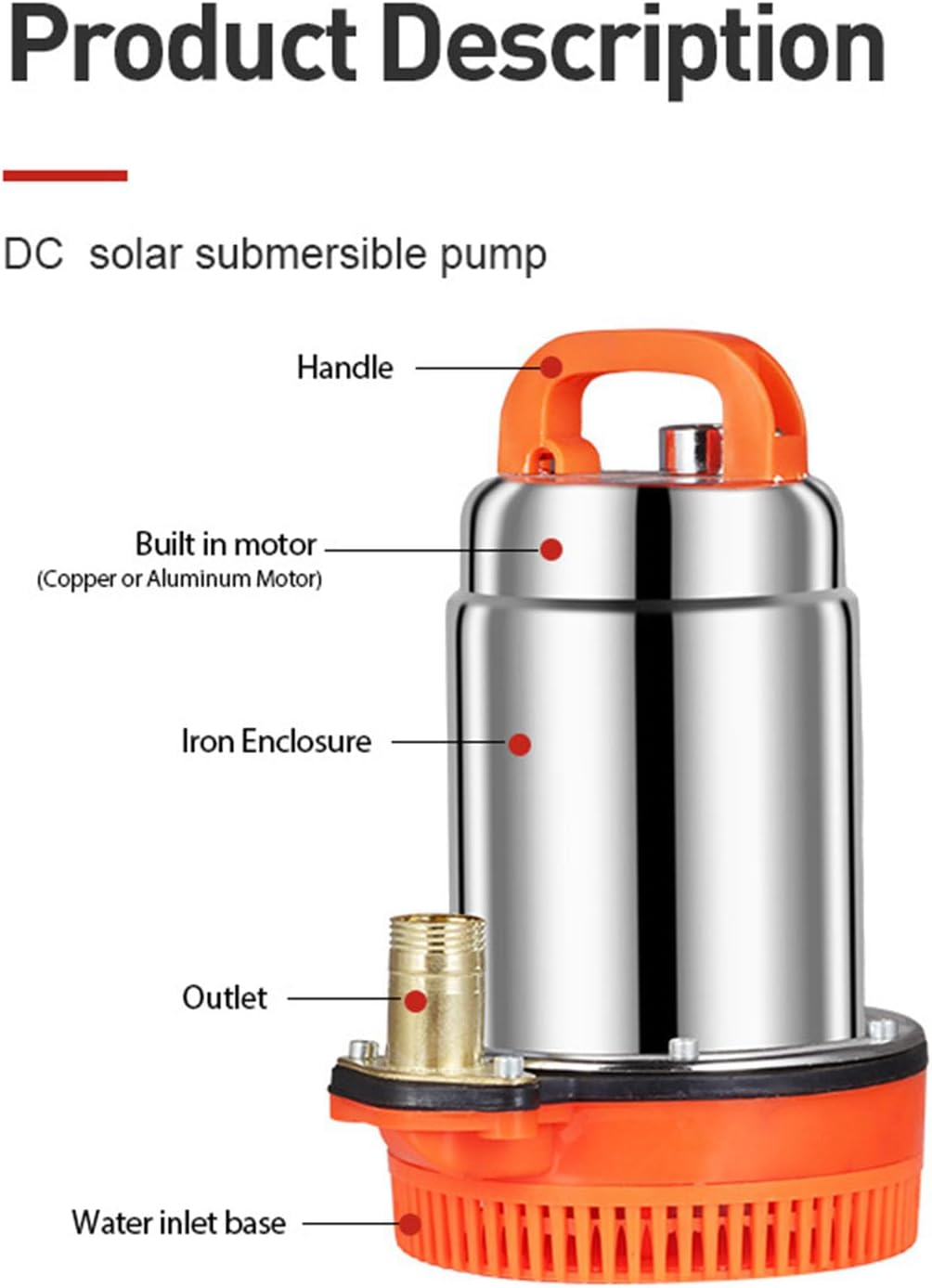 DC12V Submersible Pump, 180W Solar Powered Well Pump, 8M 1In Outlet, with Floating Ring Structure for Horticulture, Pond, and Swimming Pool image number 5
