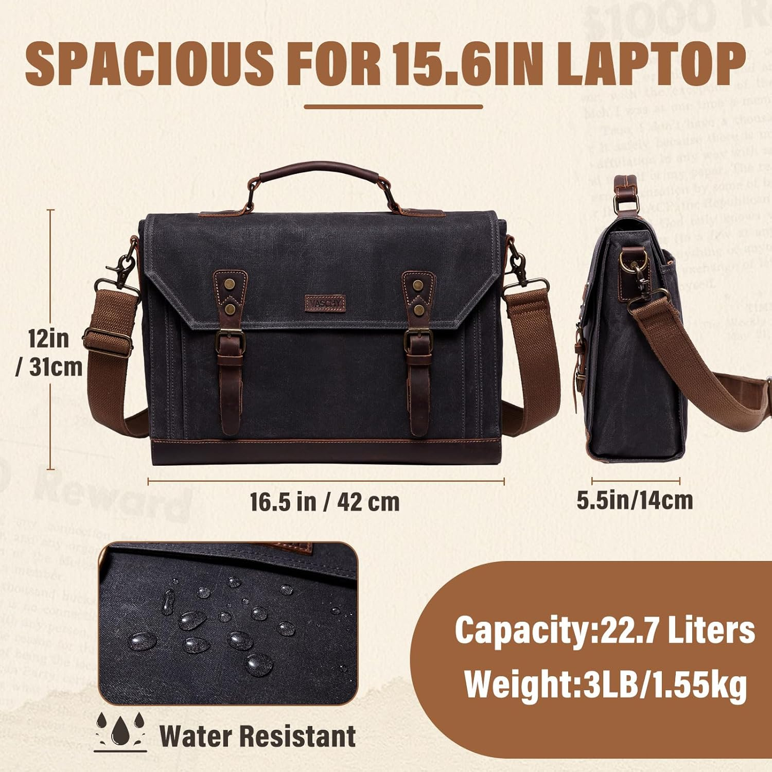 Vaschy Waxed Canvas Leather Messenger Bag for Men Vintage Laptop Bag Satchel Business Briefcase Shoulder Bag for Wrok, Travel Ftis 15.6In Laptop Gray image number 4