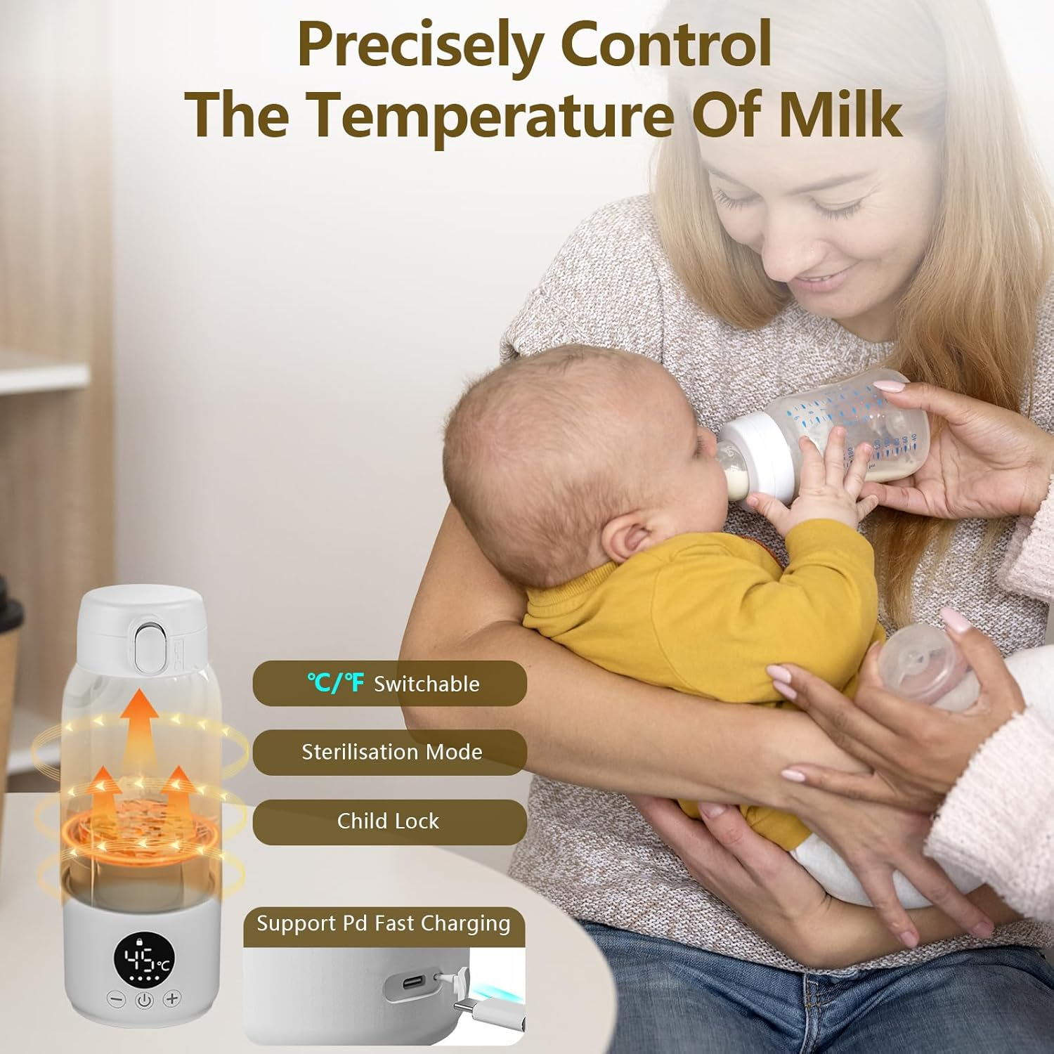 Portable Bottle Warmer,500Ml Large Capacity Portable Milk Warmer for Breastmilk/Formula with Accurate Temp Control,Baby Bottle Warmer Suitable for Travel, Outdoors,Night image number 4