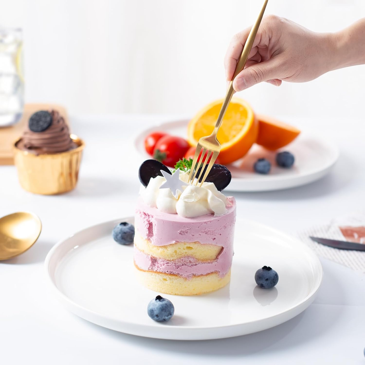 Antokueh White Ceramic Plates Set of 6, 8 Inch round Porcelain Salad Plate, 6-Piece Dishes with Shallow Edge for Appetizer, Steak, Dishwasher/Microwave Safe image number 5