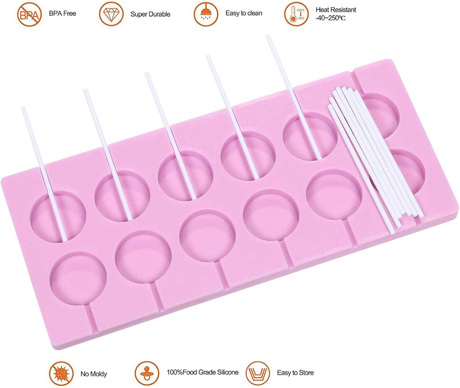 V-Fox 2X12-Capacity round Chocolate Hard Candy Silicone Lollipop Molds with 140 Count Lollypop Sucker Sticks for Halloween Christmas Parties image number 3