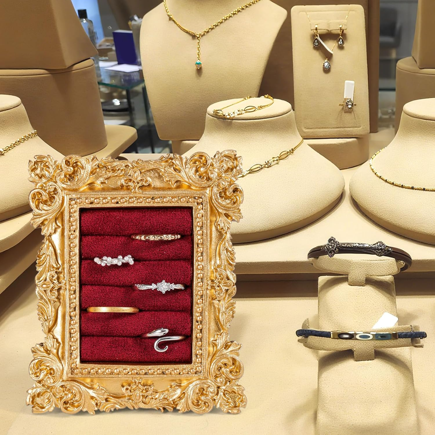 Vintage Ring Display Stand, Baroque Ring Holder Earring Display Tray Jewelry Organizer Birthday Engagement Wedding Decoration for Women (Wine Red) - Wine Red image number 2