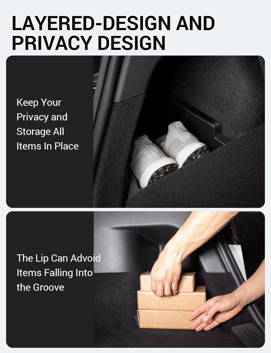 2022-2024 Tesla Model Y Trunk Organizer Waterproof Rear Trunk Storage Bins Side Box with Carpeted Lip Interior Accessories Set of 2 for Model Y 5-Seater BOOT BAGS (Newest Version) image number 3