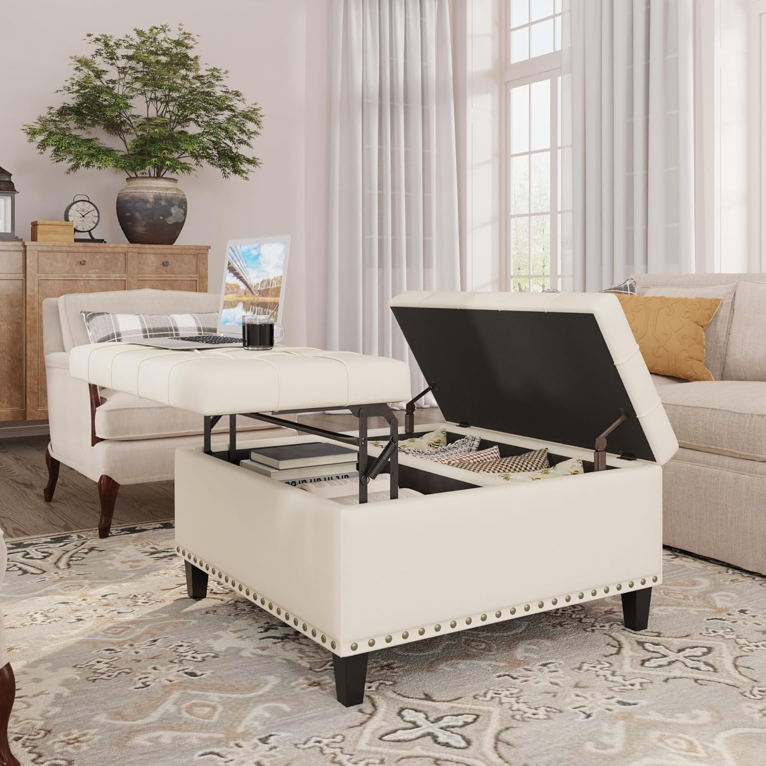 Lumoti Tufted Square Ottoman Coffee Table with Storage, Leather Upholstered Cube Ottoman, Oversized Footrest Stool Toy Box Storage for Livingroom Bedroom, Ivory White image number 5