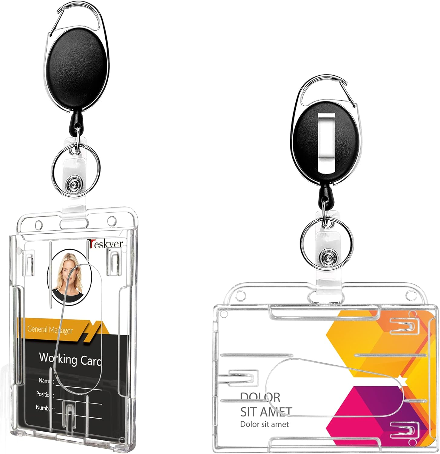 Teskyer 2 Pack Heavy Duty Retractable Badge Reel Clip with Hard Plastic Clear Badge Holders, Holding 2 Pieces of ID Badge Name Card, Vertical and Horizontal Style image number 4