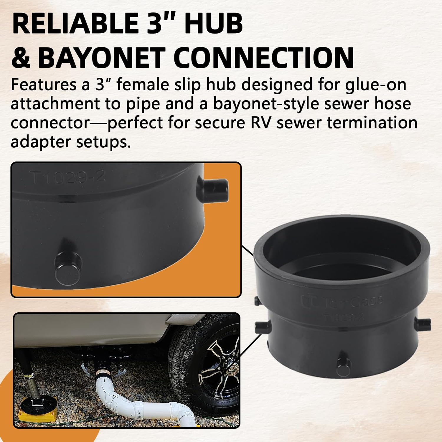 Tongass T1029-2 RV Sewer Termination Adapter - 3" Hub X 3" Bayonet, RV Sewer Hose Termination Adapter with Thread Seal Tape, Camper Sewers Terminations Adapters to 3" PVC - Black image number 6