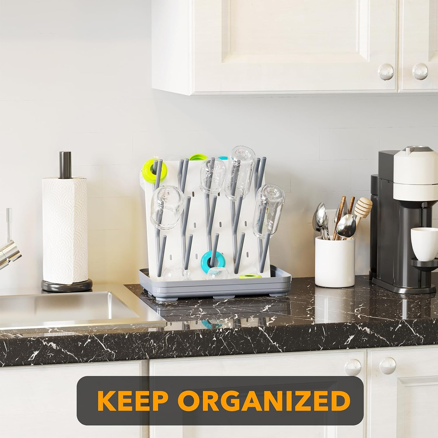 Spaceaid Baby Bottle Drying Rack with 20 Hooks, Space Saving Kitchen Bottles Rack Dryer, Vertical Baby Bottle Holder Organizer for Countertop Storage Accessories (White and Gray)