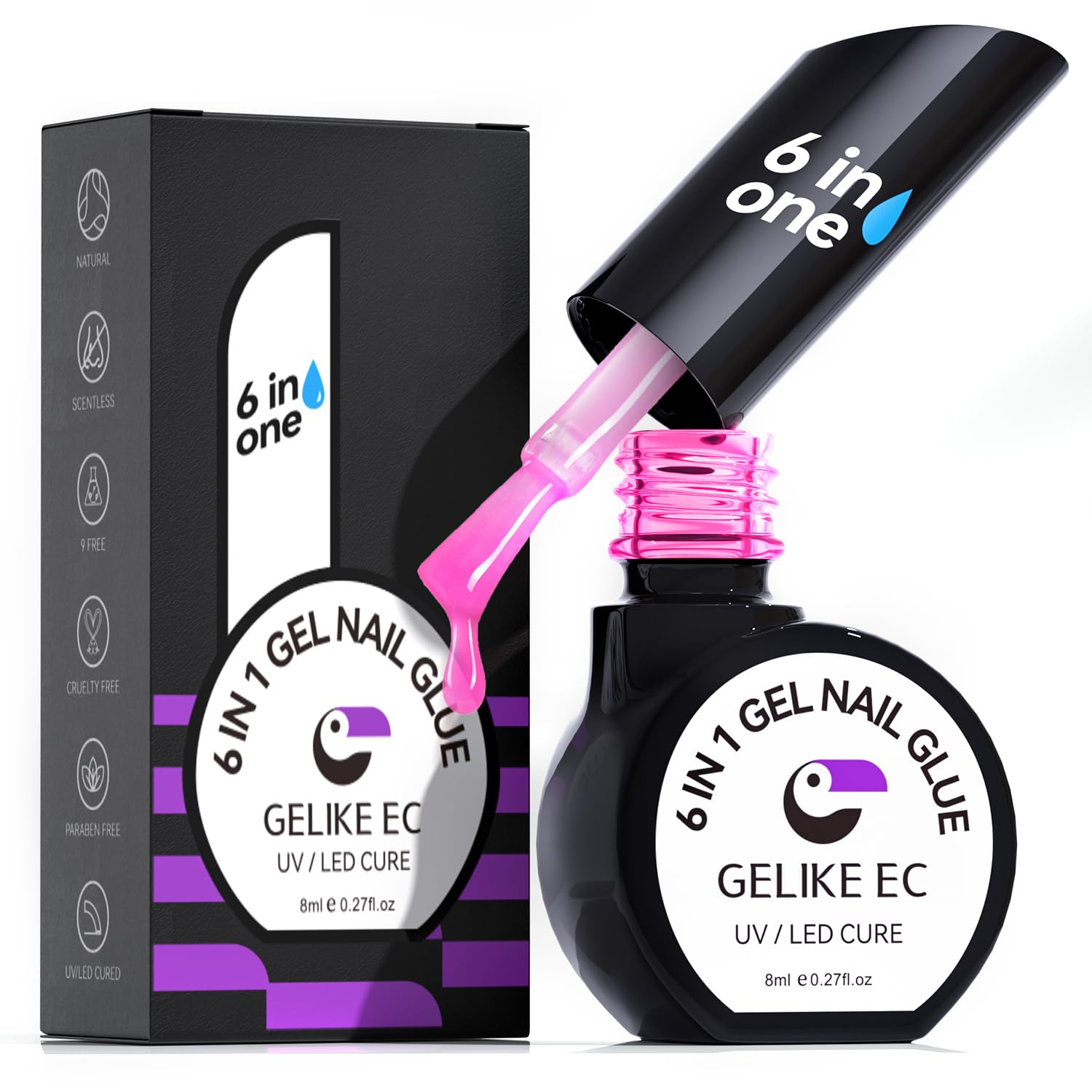 Gelike Ec Gel Nail Glue - 6 in 1 UV Nails Glue Base Coat for Nail Tips, Strong Adhesive for False Nails, Acrylic Tips, Press on Nails