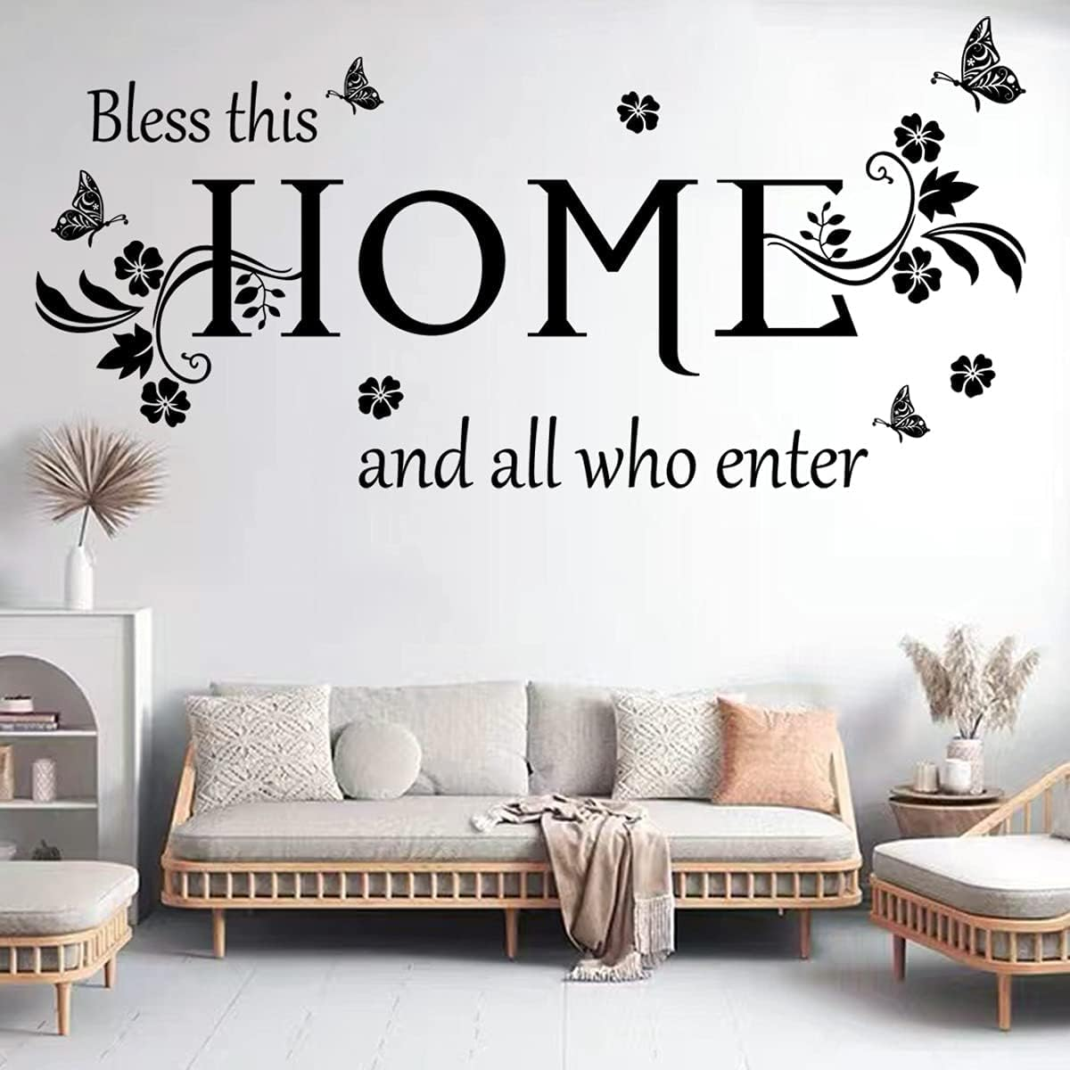 Black Vinyl Wall Sticker Wall Word Quotes Bless This Home and All Who Enter Wall Decals Flowers Butterfly Wall Decor Sticker for Entryway Living Room Home Decor.
