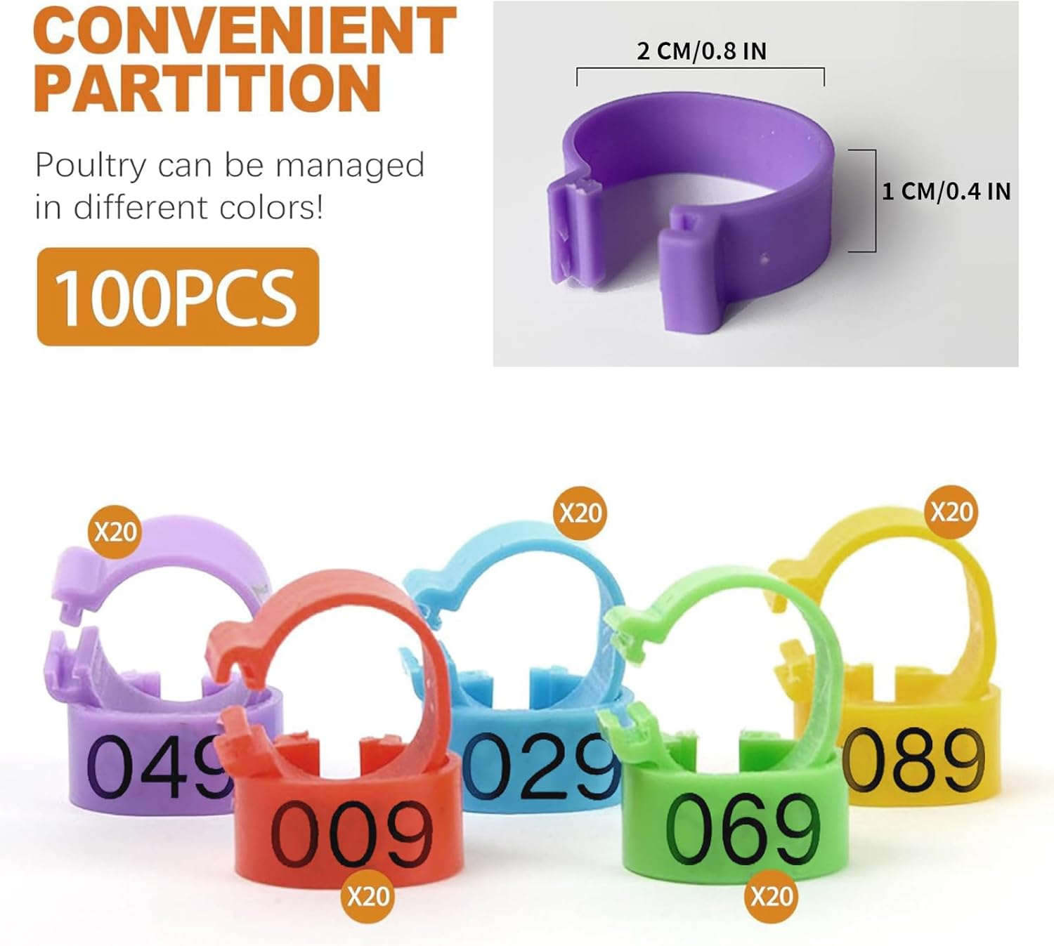 Zalizr 100 Pcs Chicken Leg Bands, 20Mm Colorful Numbered Poultry Identification Tags, Durable Plastic Leg Bands for Chickens, Ducks, Geese, Turkeys, and Gamefowl image number 1