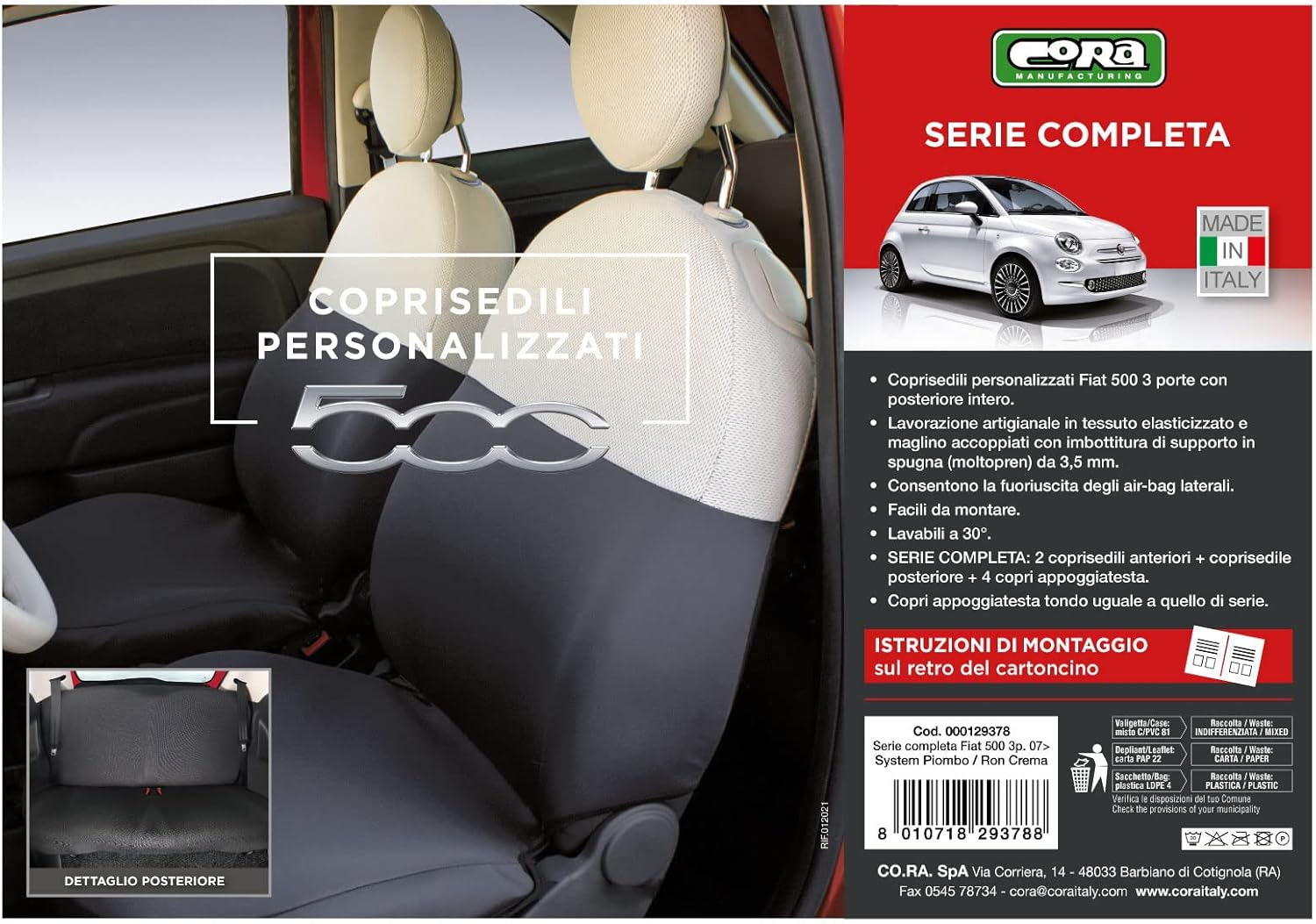 CORA Complete Set Custom Seat Covers Fiat 500 07> Rear Full Grey/Cream image number 4