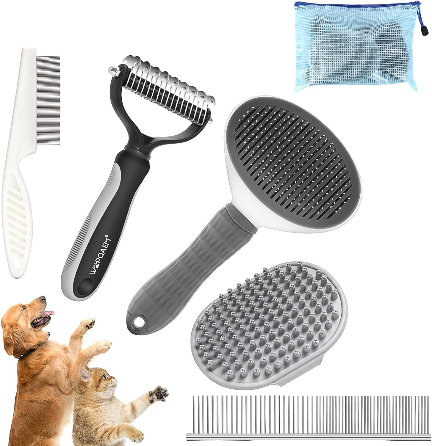 WOPQAEM Dog Brush Kit for Grooming Short & Long Haired Dogs & Cats, 5 in 1 Pet Grooming Set for Small Animals, 5 PCS Puppy Self-Cleaning Slicker Brush and Pet Comb for Shedding Medium & Large Dogs