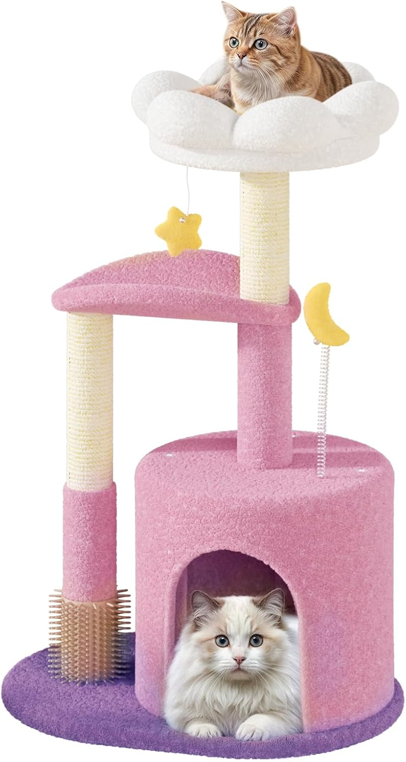 Athena Collection Small Cat Tree Condo with Sisal Scratching Post, 33 Inch Modern Cute Flower Cat Tree Tower with Cozy Perch Toy Ball for Indoor, Kittens, Purple image number 2