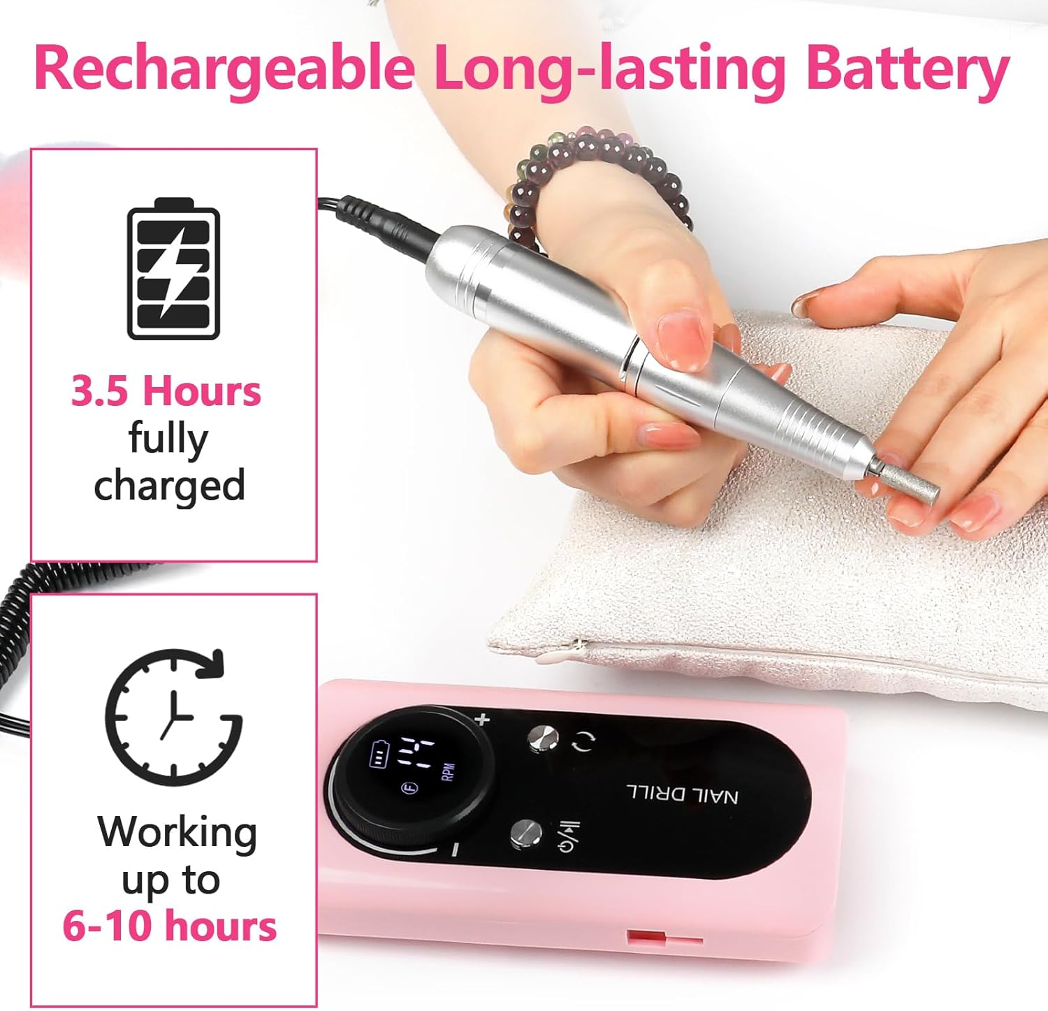 ANGNYA Nail Drill Electric File Machine Set for Gel & Acrylic Nails, Professional Efile Manicure Tools & Supplies for Tech Essentials (Pink) image number 3