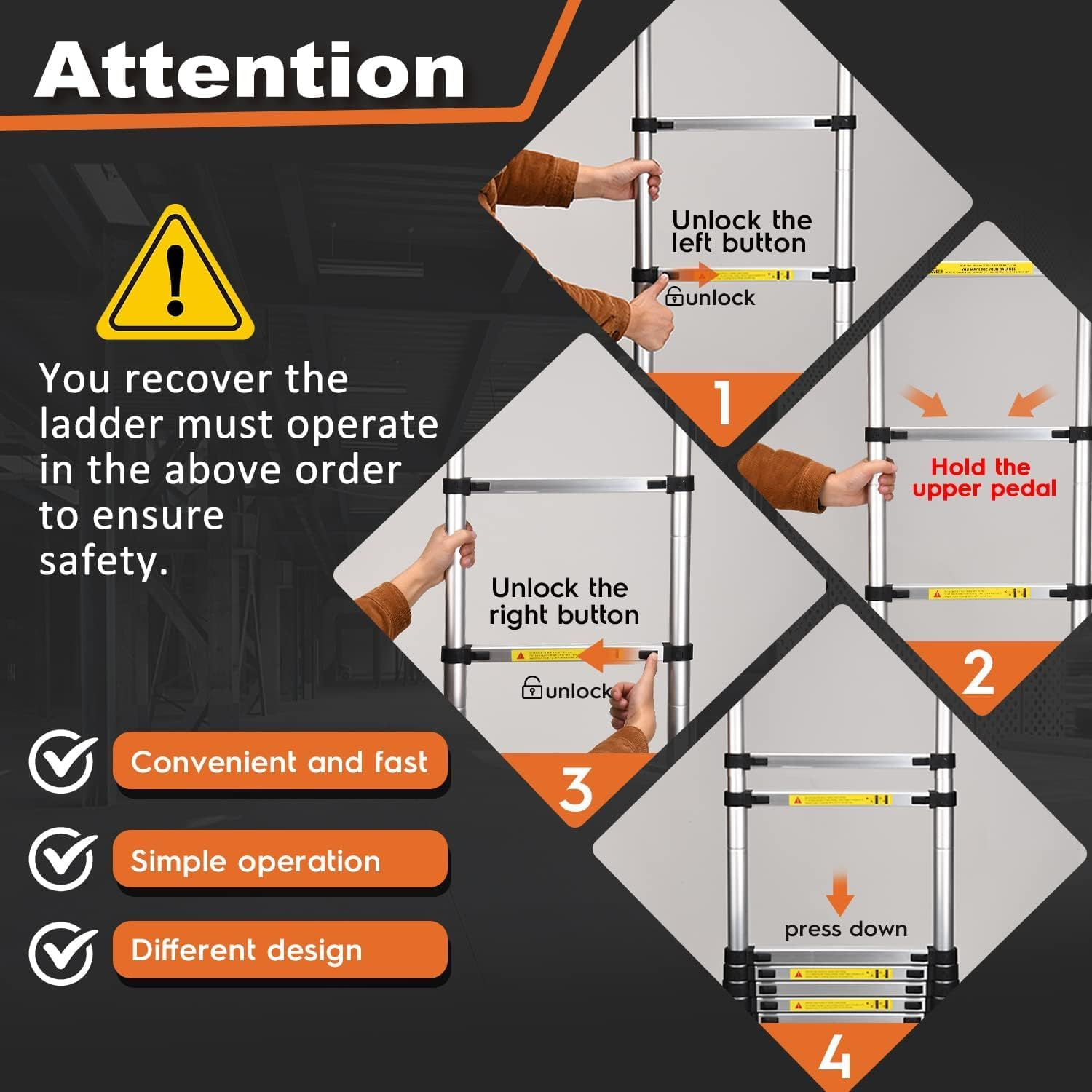 Extension Ladder Telescoping Stainless Steel Straight A-Frame Ladder Home Roof Outdoor Compact Telescopic Lightweight Safety Lock Easy to Store for Roofing Business Household RV Use (3.5M Straight)