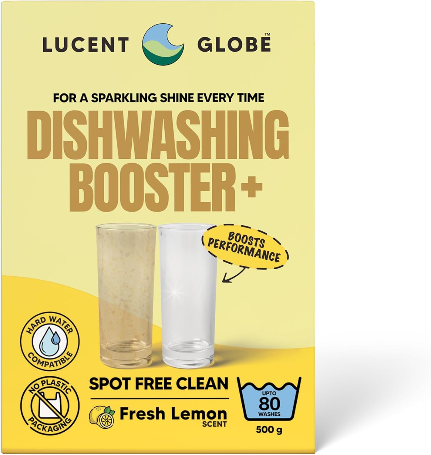 Lucent Globe Dishwashing Booster+ Powder &ndash; Fresh Lemon Scent &ndash; Spot-Free Finish, Hard Water Compatible, 100% Plastic-Free Packaging, 80 Washes (500G) image number 3