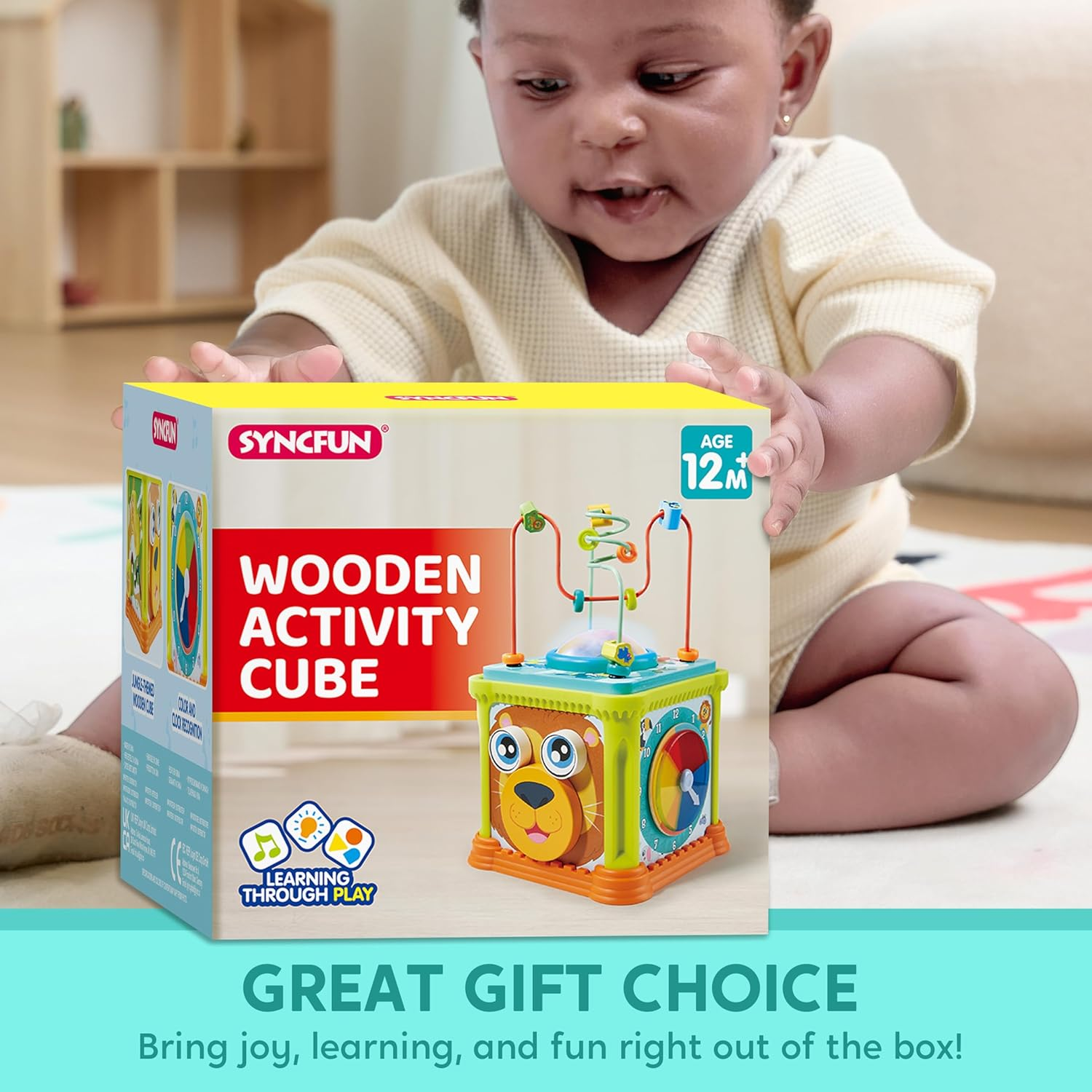 SYNCFUN Baby Toys, Toddler Educational Learning Gift, Montessori Toys for 1 Year Old, Wooden Activity Cube with Music for Boys and Girls, Birthday Present image number 6