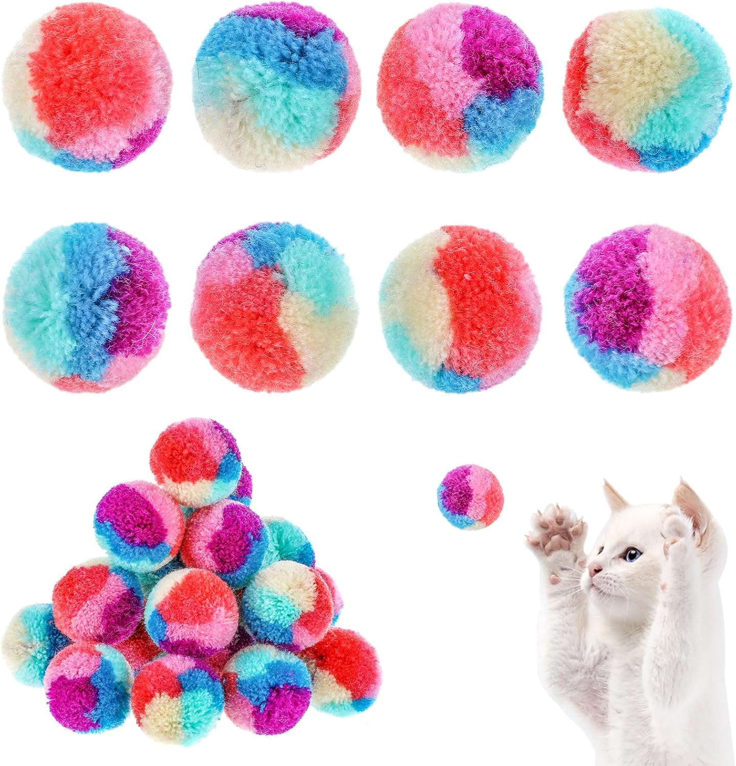 30PCS Cat Toys Balls 1.2'' Pom Pom Balls, Interactive Christmas Yarn Puff Cat Ball Pet Toys, Rainbow Small Plush Kitty Soft Balls, Training Fuzzy Cat Balls for Exercise and Entertainment, Multicolor image number 2