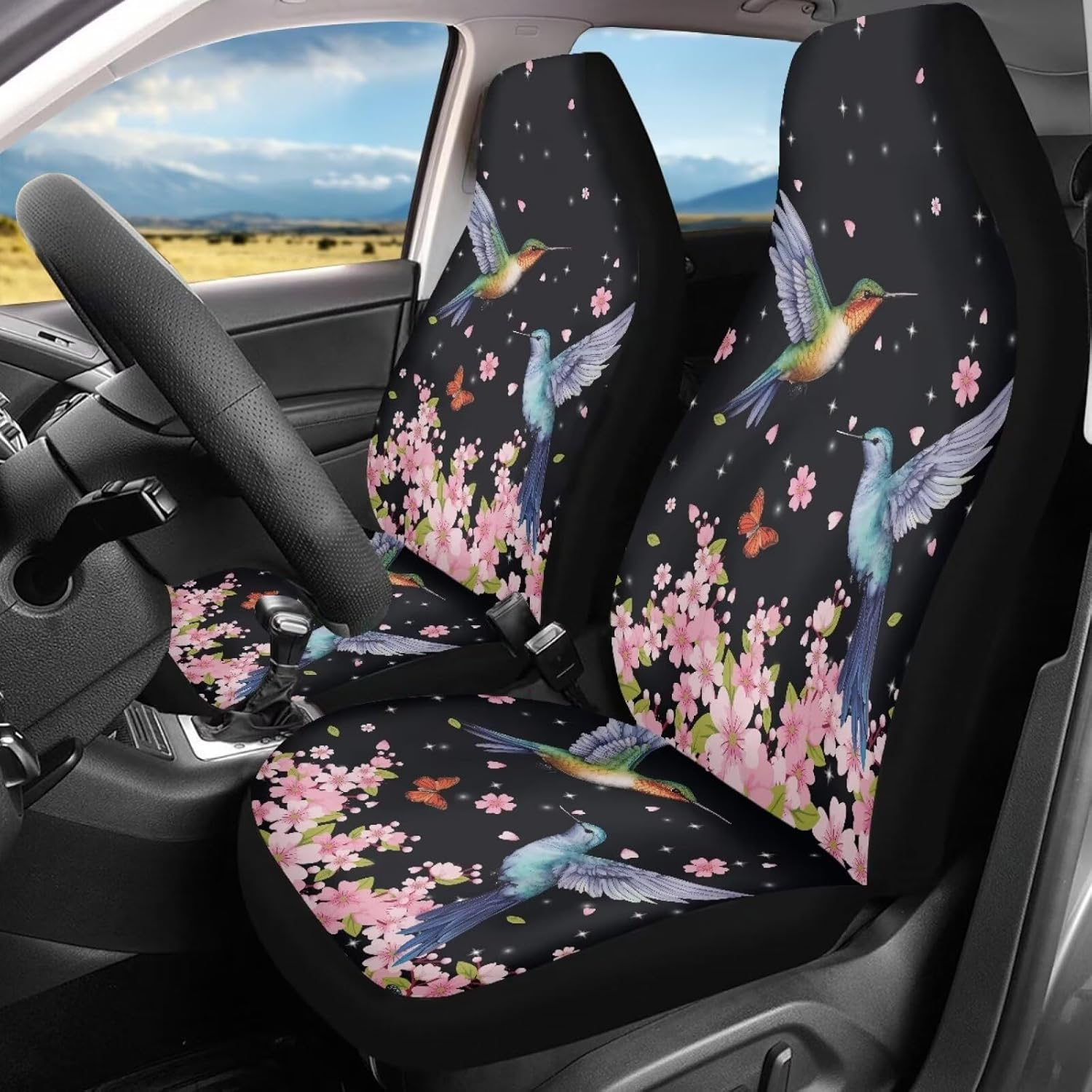 BIGCARJOB Flower Hummingbird Car Seat Cover Set for Front Seat Only,2 Pack Cherry Flower Birds Printed Auto Front Seat Protector Saddle Blanket for Women Girly Car Interior Accessories image number 5