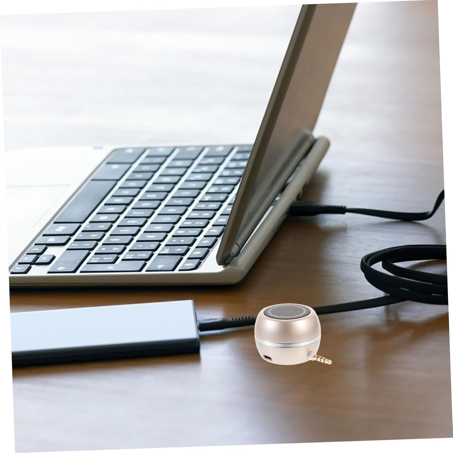 Mini Speaker 3.5Mm Aux and USB Rechargeable Desktop Loudspeaker for Mobile and Laptop, Portable Wired Aux in Speaker, Compact Gold Finish Sound System for Travel and Home Use image number 4