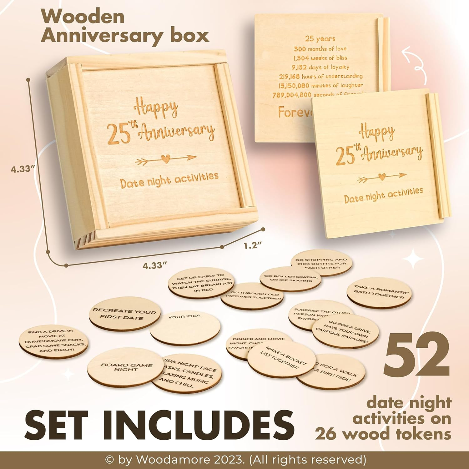 25 Year Anniversary Wood Gifts for Him Her - 25 Year Wedding Anniversary Keepsake Gifts for Wife Husband, Happy 25Th Anniversary Marriage Present for Men Women