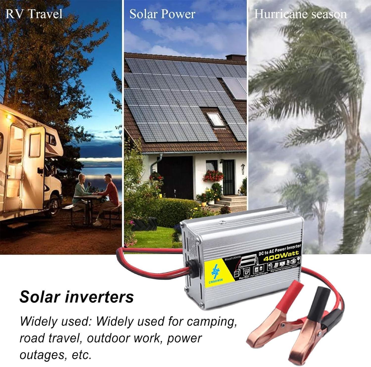 Inverter Pure Sine Waves - 400W Power Inverter, 12V Dc to 220V Ac Car Converter | Solar Inverter with 2 Battery Clips, Battery Clips for Car Truck Home Vehicles Rv Camping off Grid image number 6