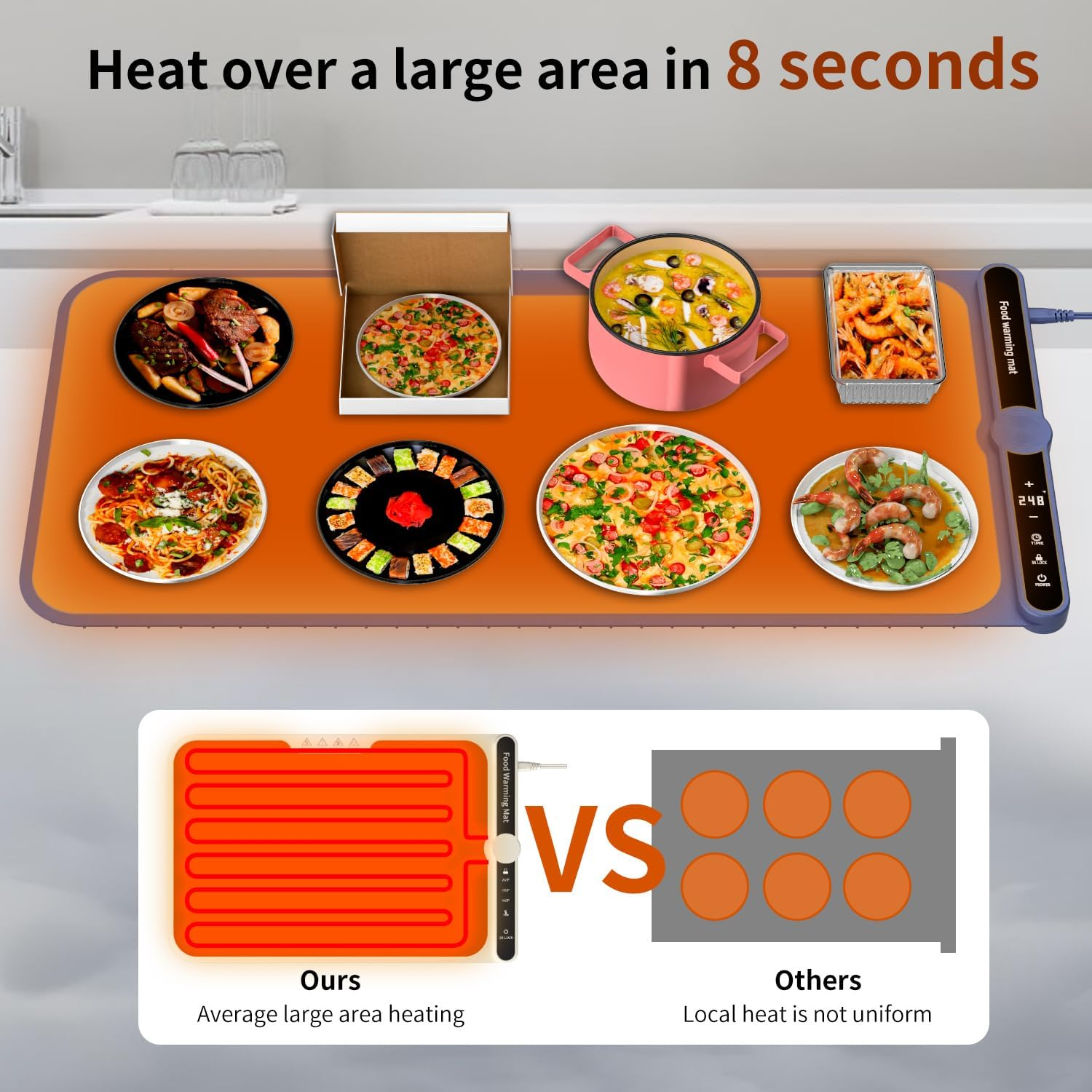 XXL Large Food Warming Mat,Electric Warming Tray with 9 Gear Temperature Controlled and 6 Gear Timed,Auto Shut-Off,8S Full Surface Heating,Rollable & Portable Heating Tray for Party (Blue, XXL) image number 5