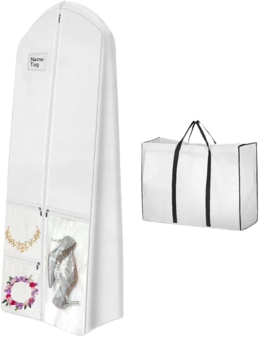 70" Bridal Wedding Gown Dress Garment Bag, Dust Proof Storage Bag with Large Bag for Easy Storage and 3 Small Bags for Wedding Shoes, White image number 1