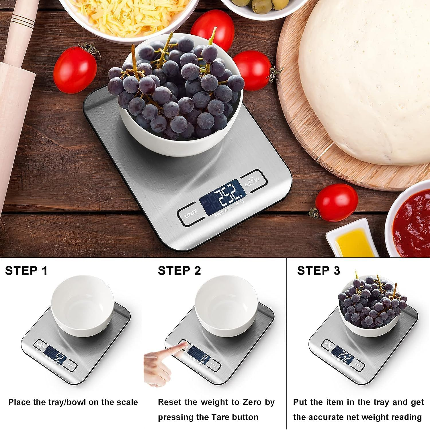 Mumoo Bear Food Kitchen Scale with 1G/0.01Oz Precise Graduation, 5Kg/11Lb Digital Grams and Ounces for Weight Loss, Baking, Cooking, Keto and Meal Prep, LCD Display, Medium, 304 Stainless Steel image number 5